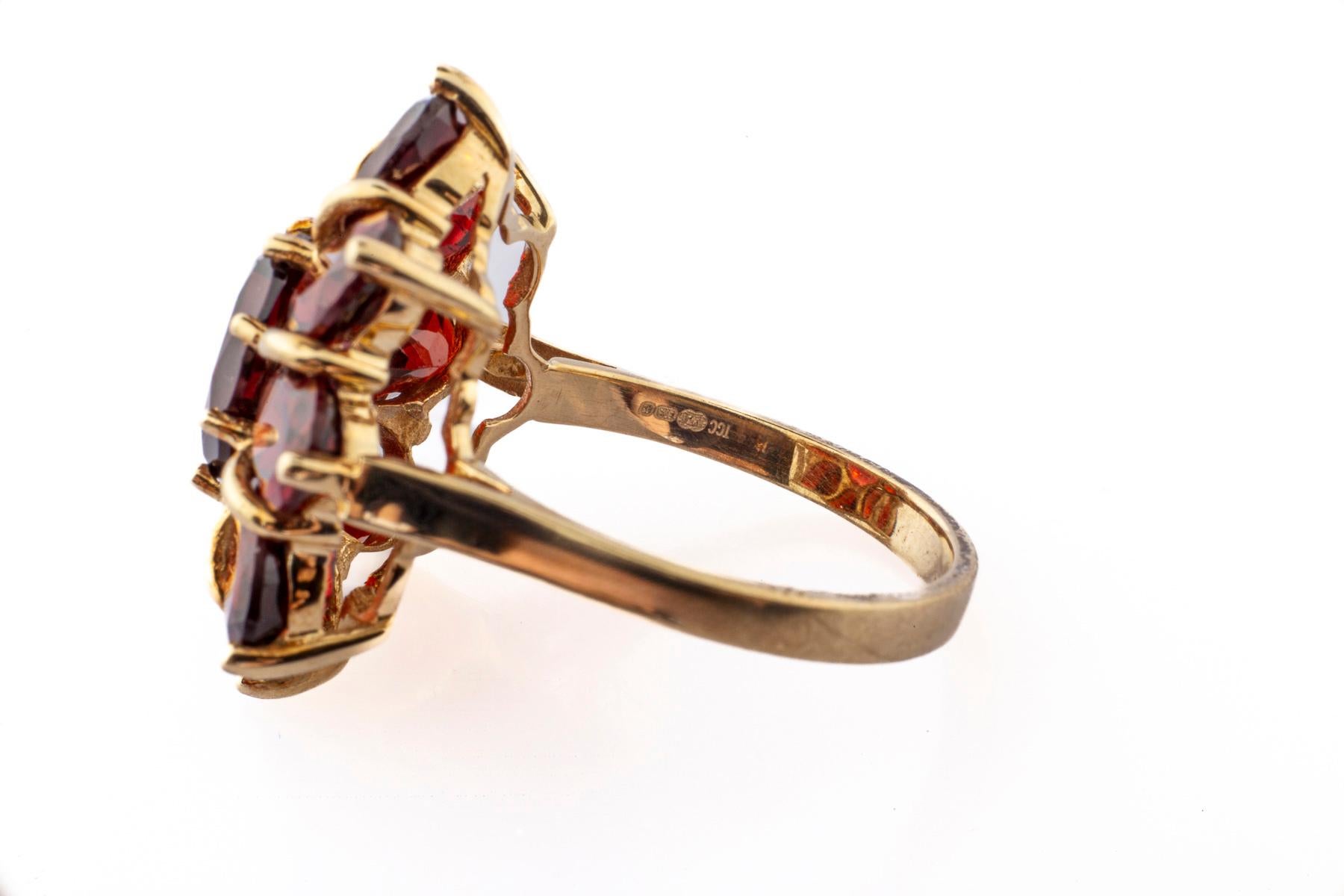 Gold and Garnet Mid Century Flower Ring For Sale 1