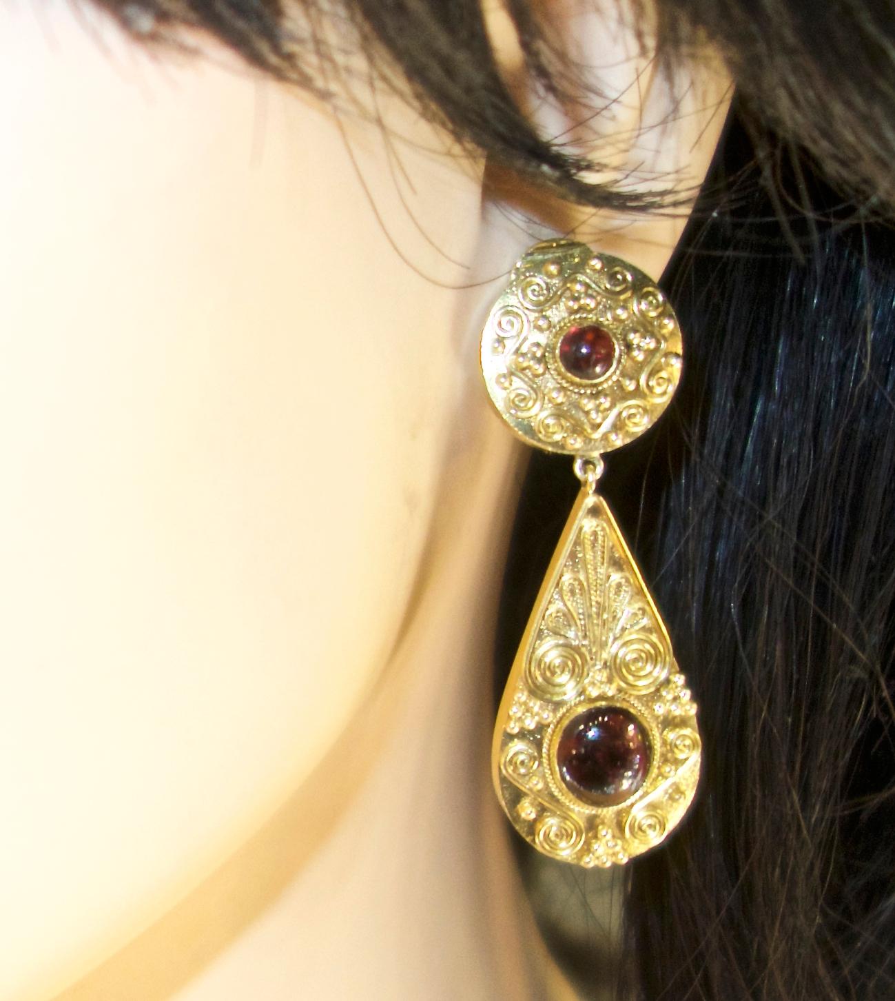 Gold and Garnet Pendant Style Earrings 1