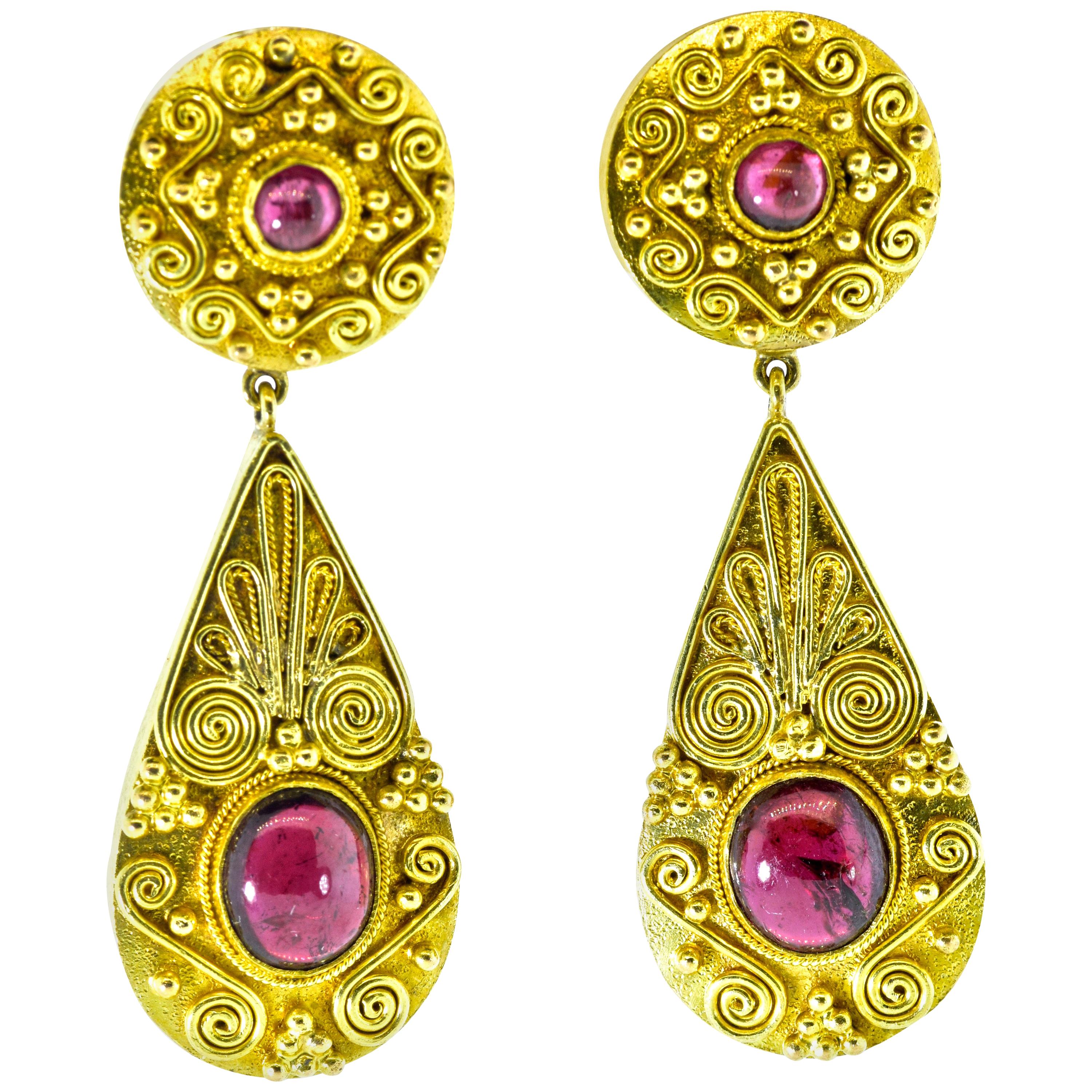 Gold and Garnet Pendant Style Earrings