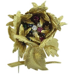 Gold and Gem Set Flower Brooch