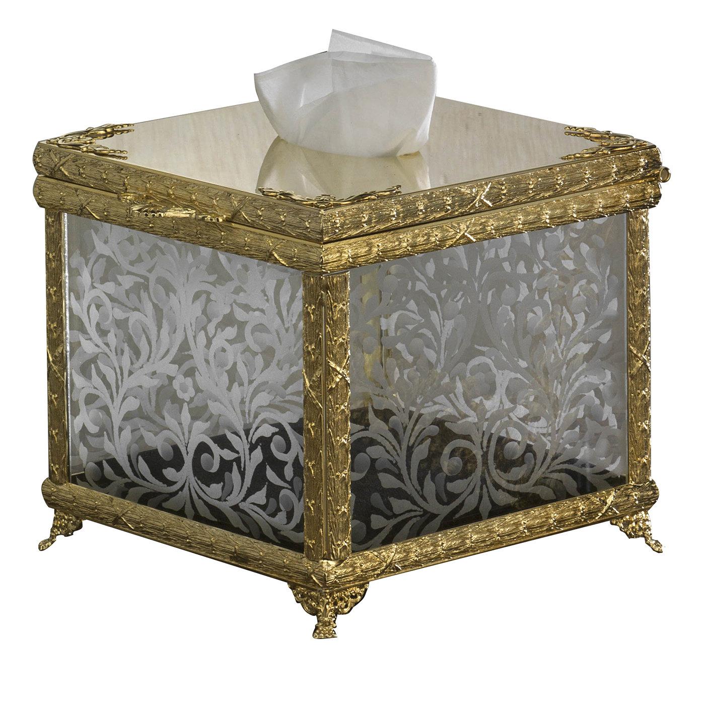 Quadratischer Tissue-Box-Halter aus Gold und Glas