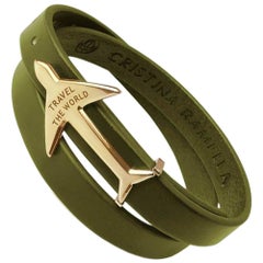 Gold and Green Airplane leather bracelet 
