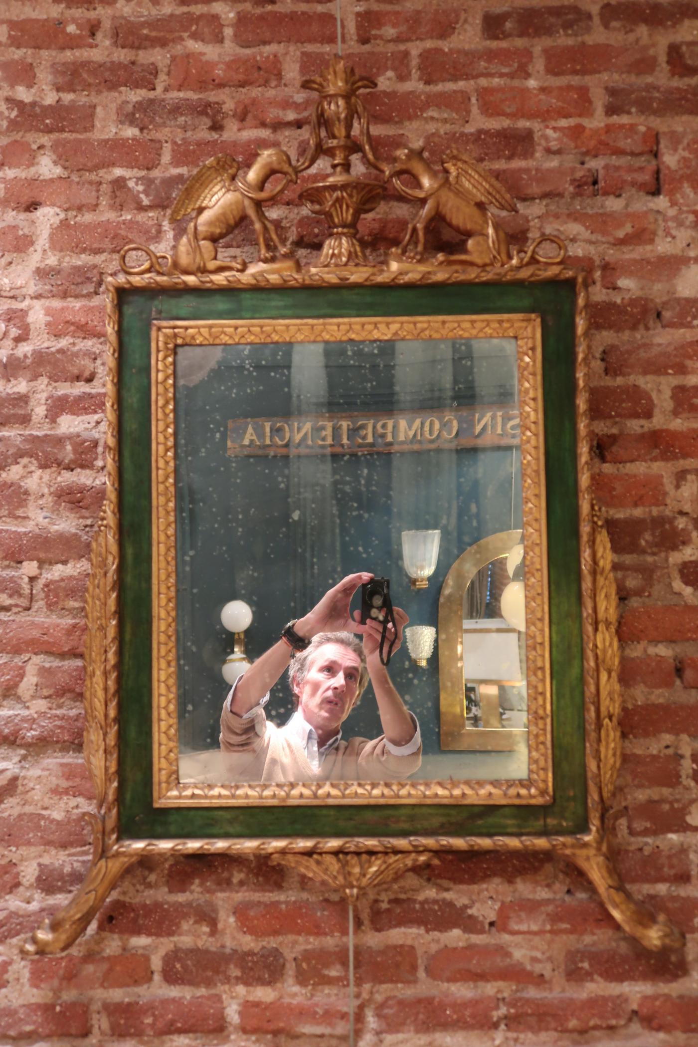 Early 20th Century Gold and Green Carved Wood Italian Wall Mirror, 19th Century For Sale