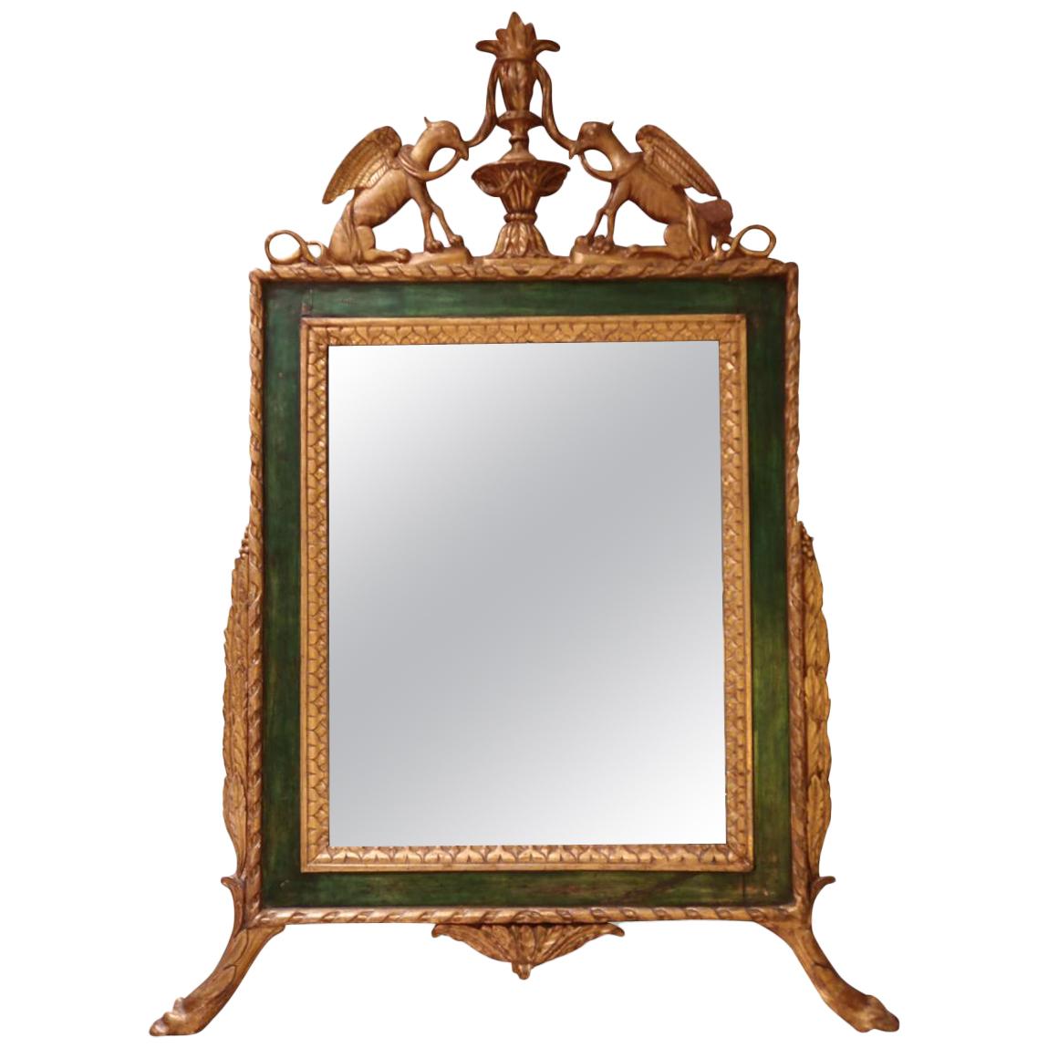 Gold and Green Carved Wood Italian Wall Mirror, 19th Century For Sale