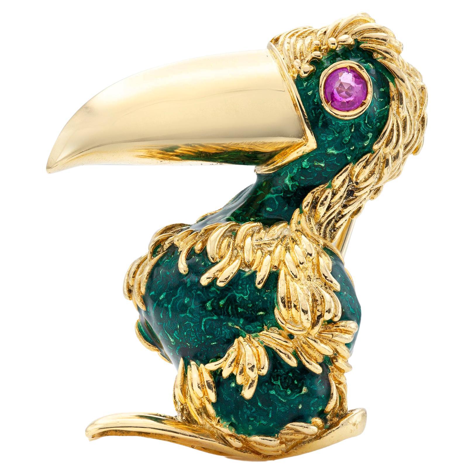 Gold and Green Enamel Tucan Brooch with Ruby For Sale