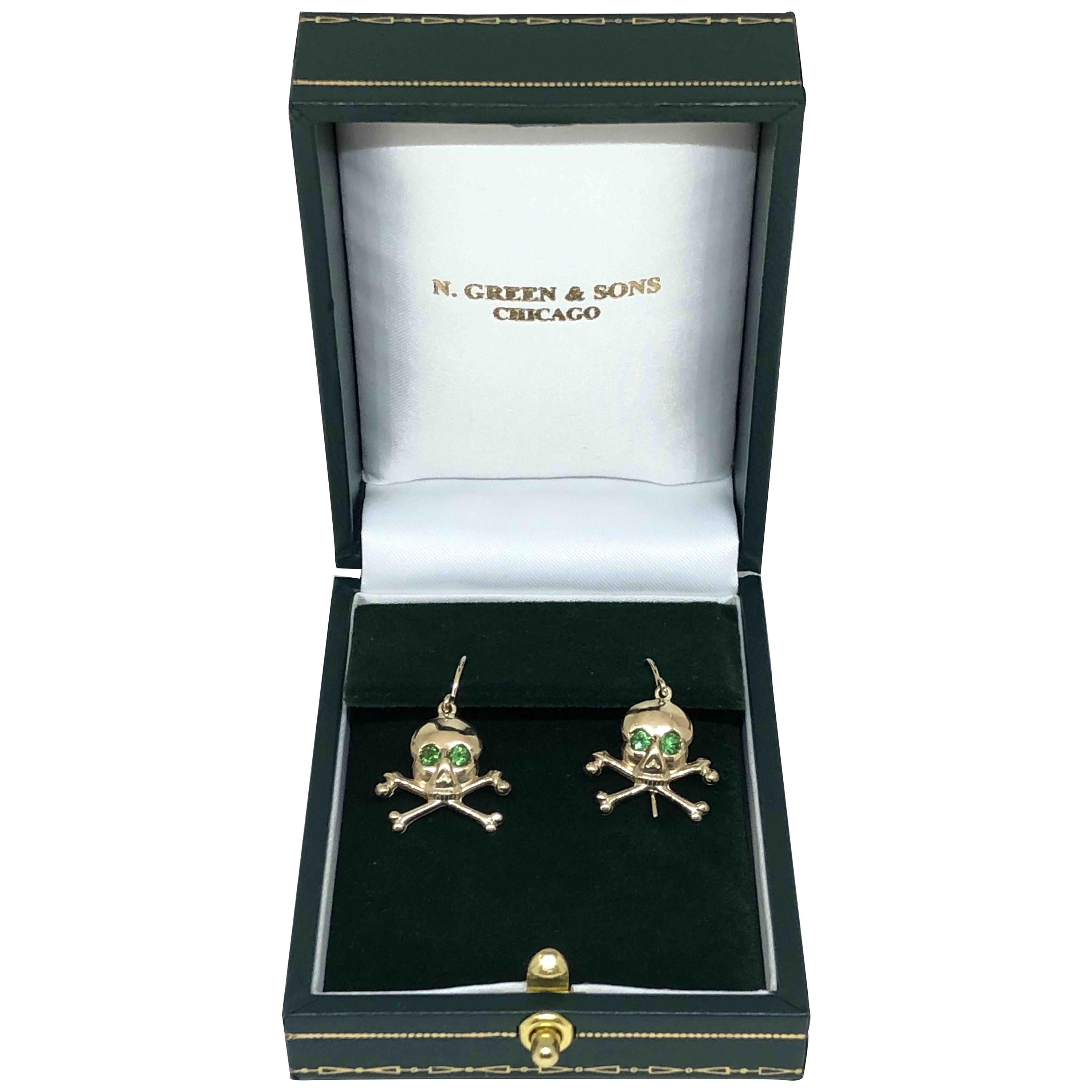 Gold and Green Garnet Vintage Skull and Cross Bones Earrings