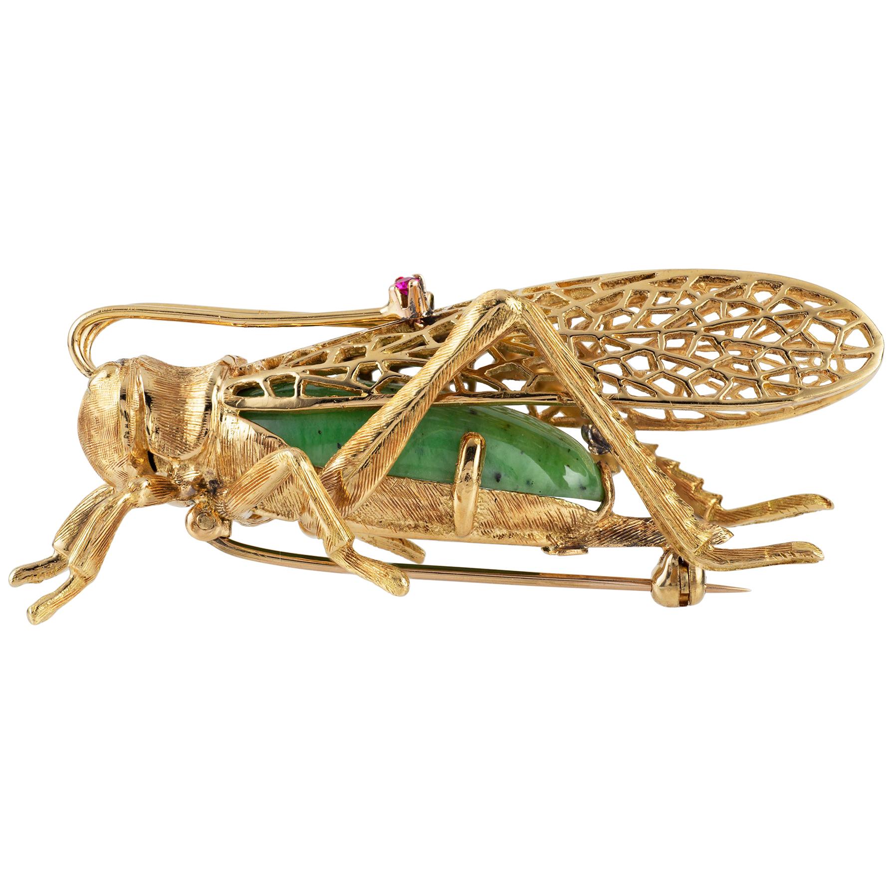 Gold and Green Grossular Garnet Grasshopper Brooch