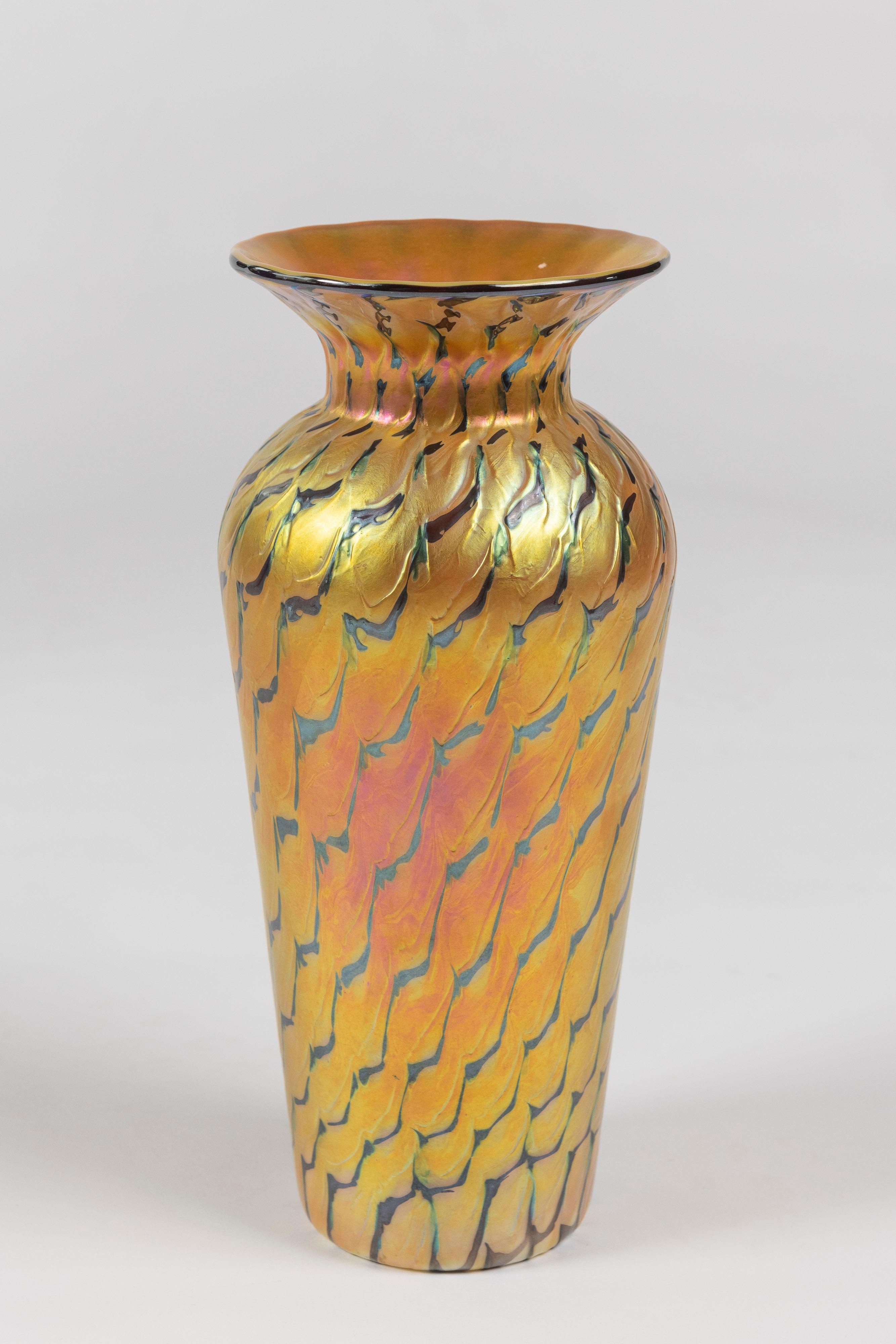 Art Nouveau Gold and Green Iridescent Art Glass Vase, Lundberg Studios of California, Signed For Sale