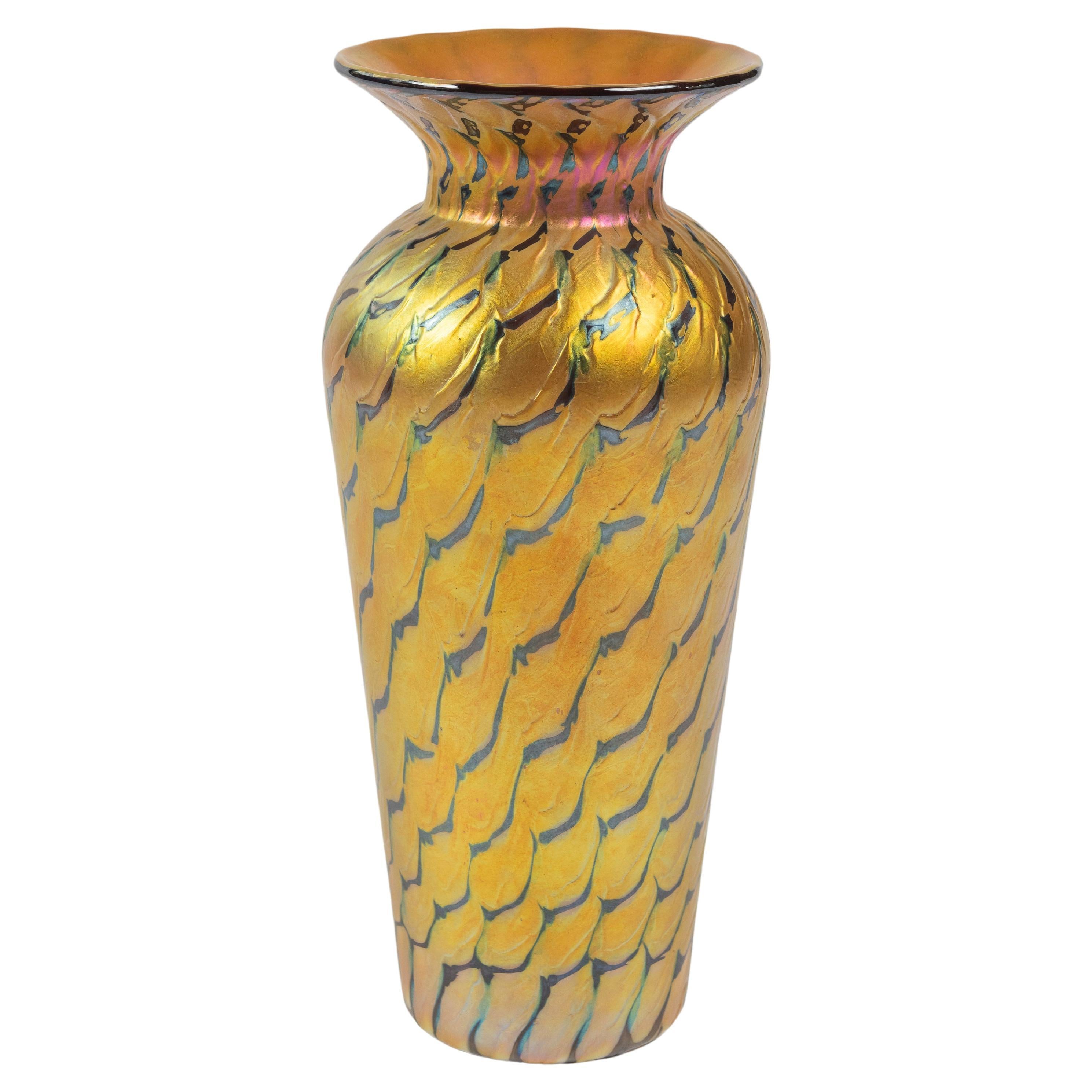 Gold and Green Iridescent Art Glass Vase, Lundberg Studios of California, Signed