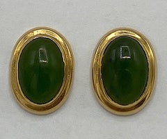 Gold and Green Jade Oval Button Earrings