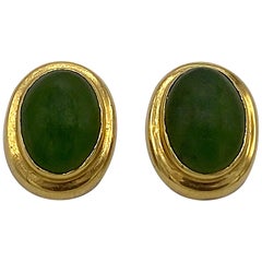 Gold and Green Jade Oval Button Earrings