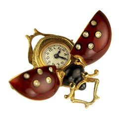 Gold and Guilloche Enamel Lady Bug Brooch Watch, circa 1800s
