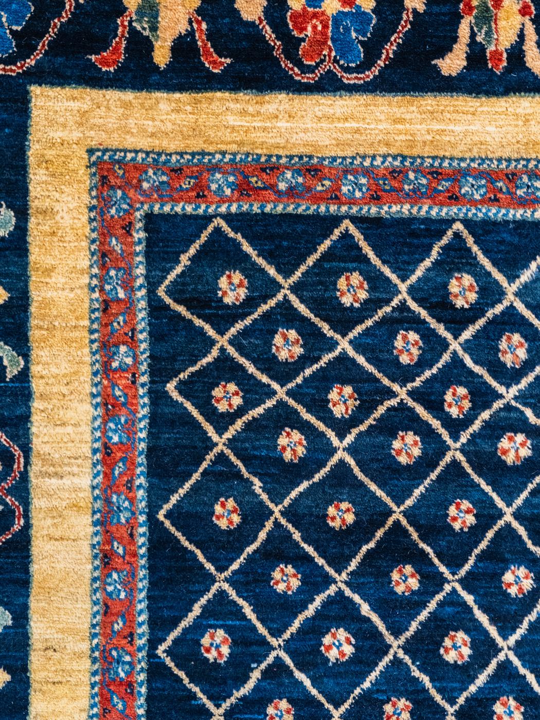 Teinture végétale Tapis persan Shekarloo or et indigo, laine, noué à la main, 7' x 9' en vente