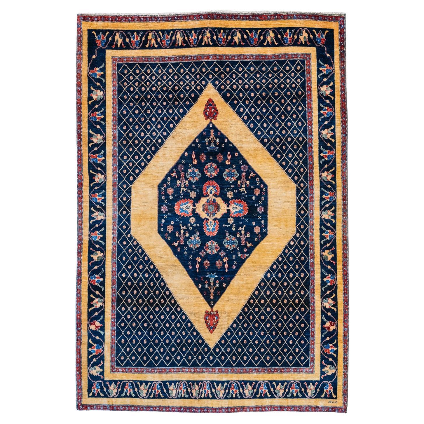 Gold and Indigo Persian Shekarloo Carpet, Wool, Hand-Knotted, 7' x 9' For Sale