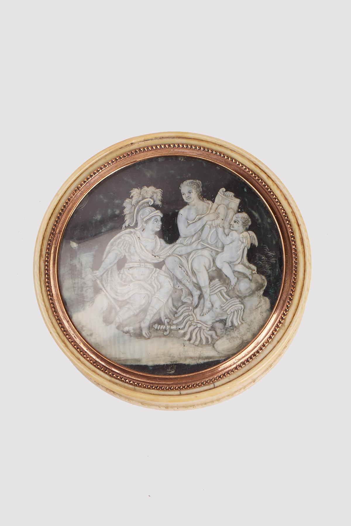 Gold- und Elfenbein-Schnupftabakdose mit der Darstellung von Mars, Venus und Amor, Frankreich 1750.  im Angebot 5