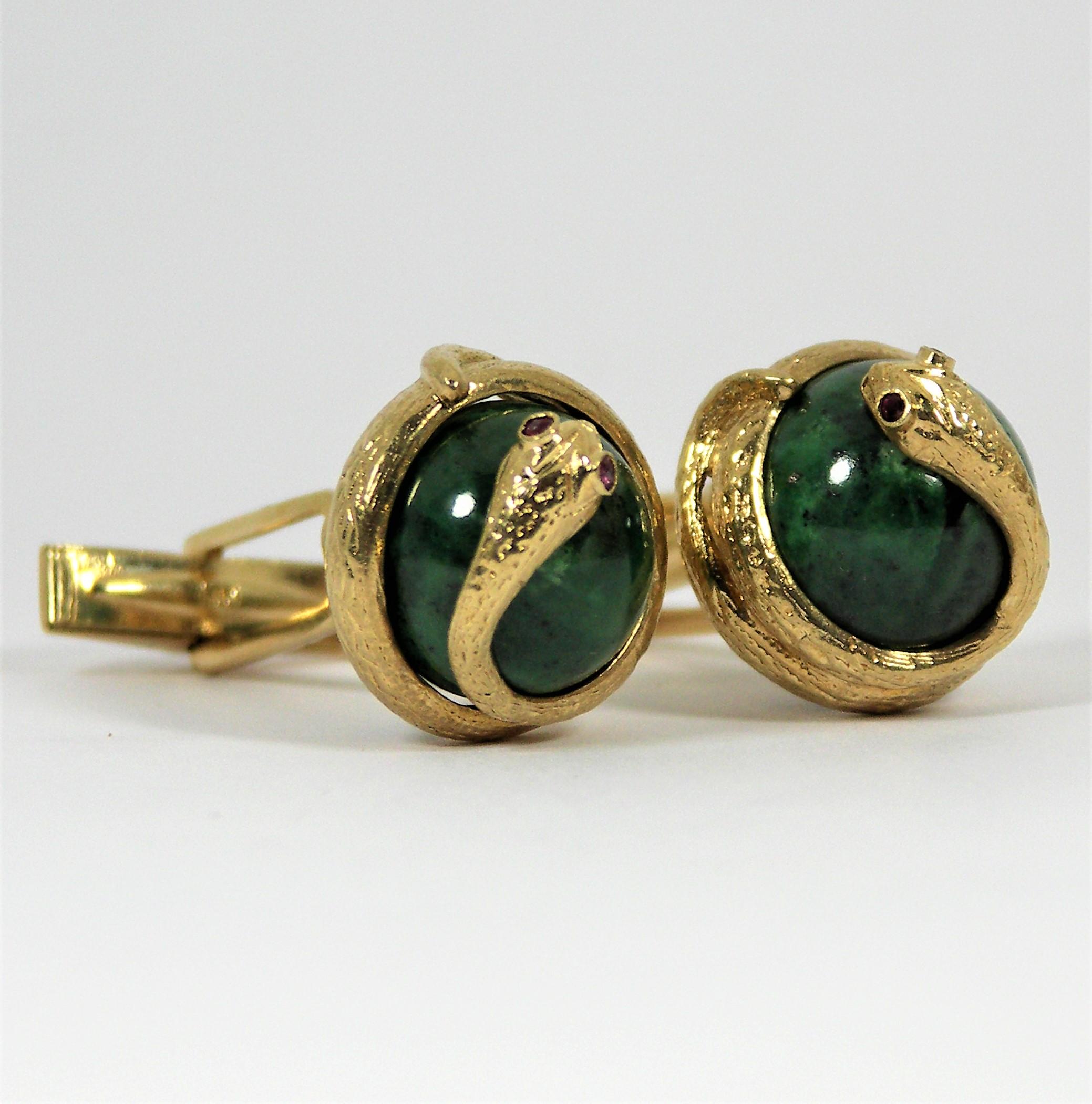 Men's Gold and Jade Snake Cufflinks with Ruby Eyes