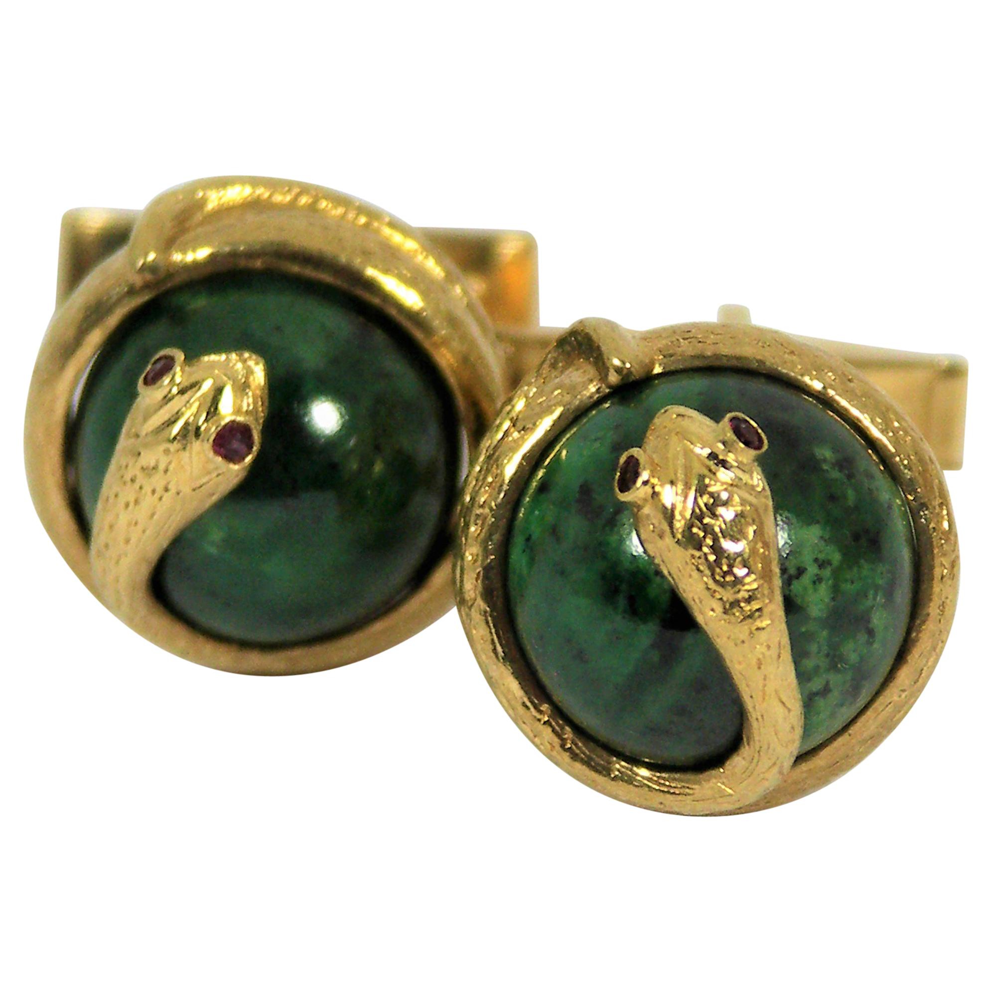 Gold and Jade Snake Cufflinks with Ruby Eyes