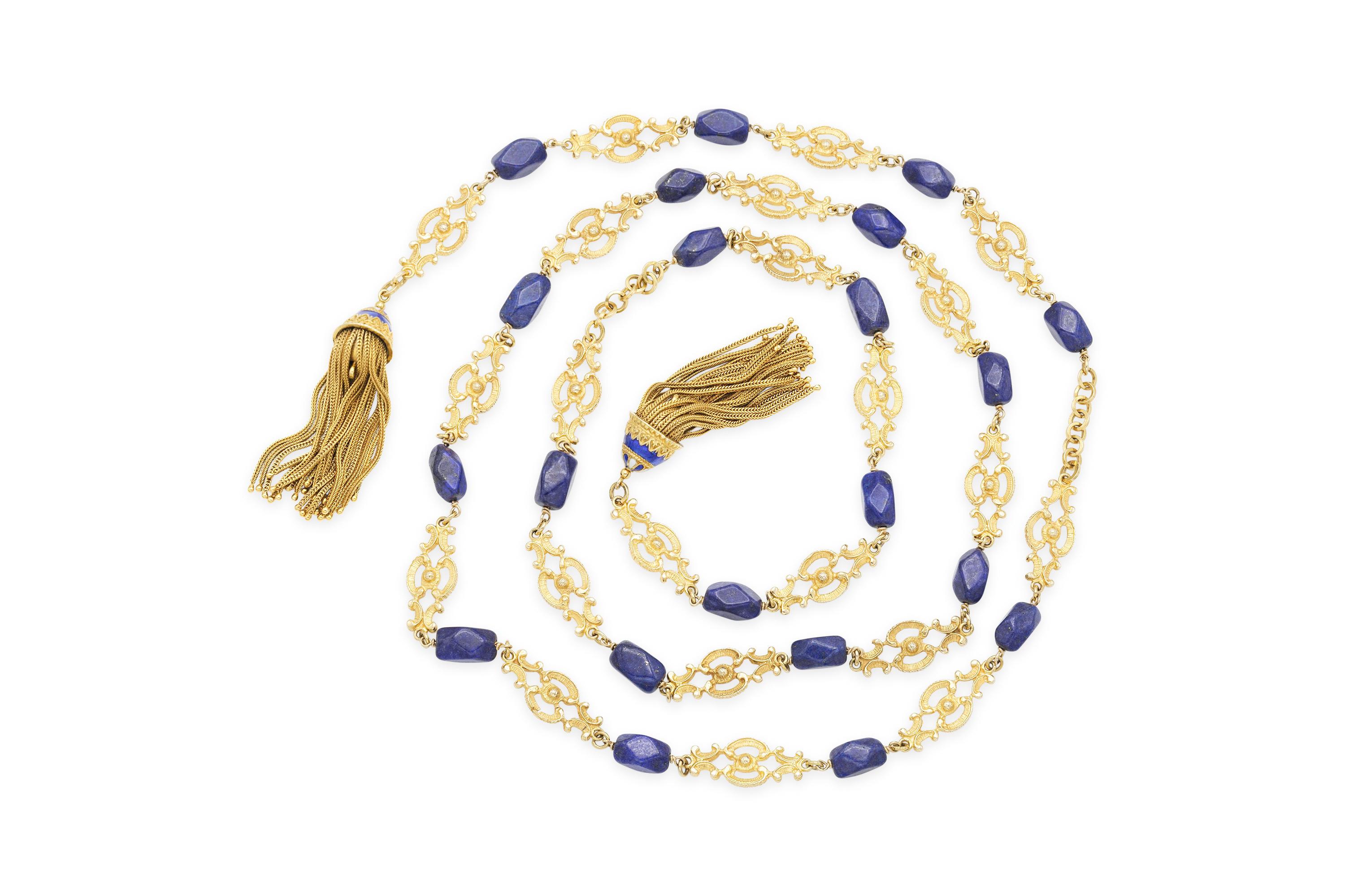 Finely crafted in 18k yellow gold with Lapis Lazuli and blue enamel.
48 inches long