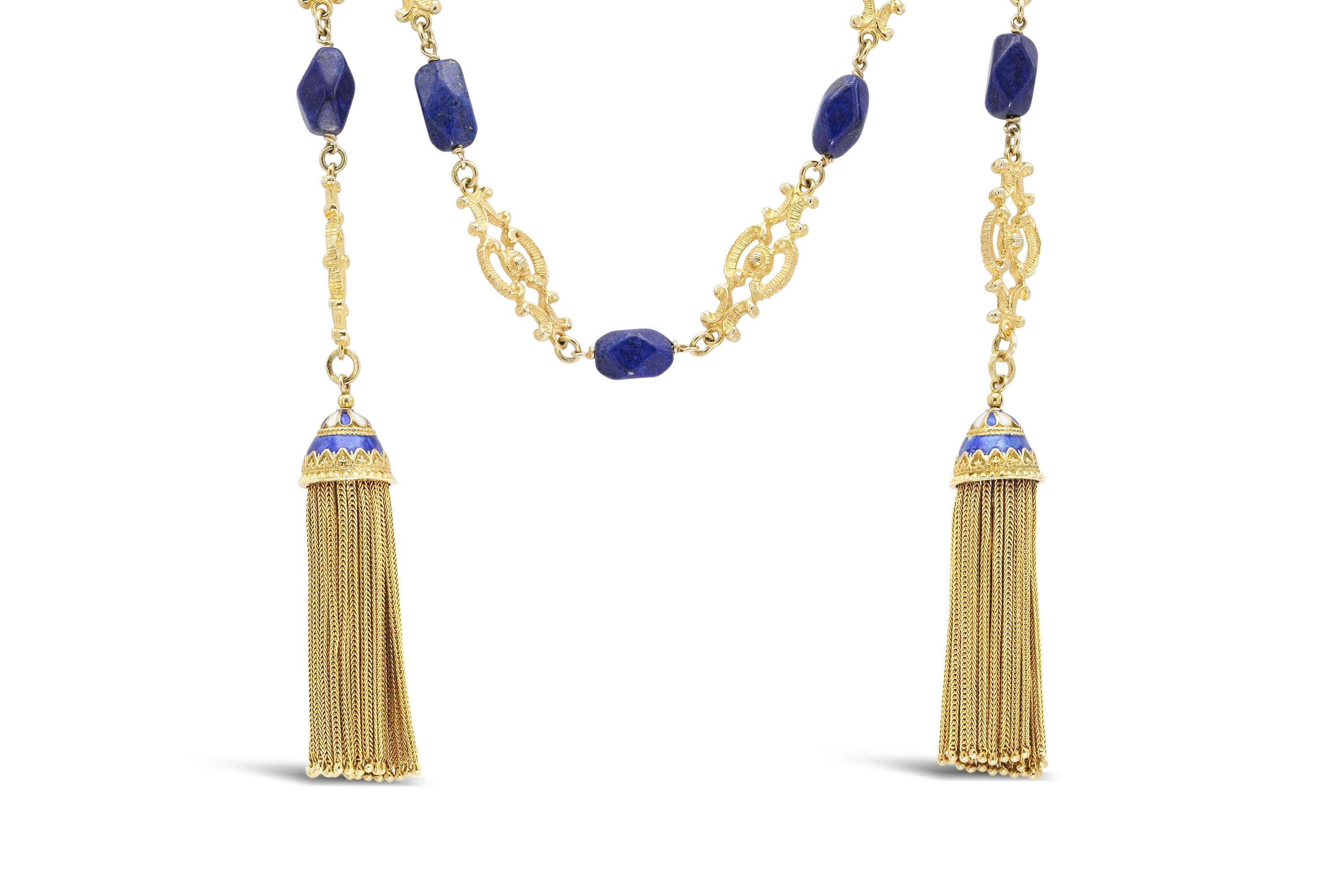 Mixed Cut Gold and Lapis Chain Necklace with Tassels