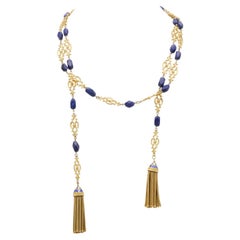 Gold and Lapis Chain Necklace with Tassels