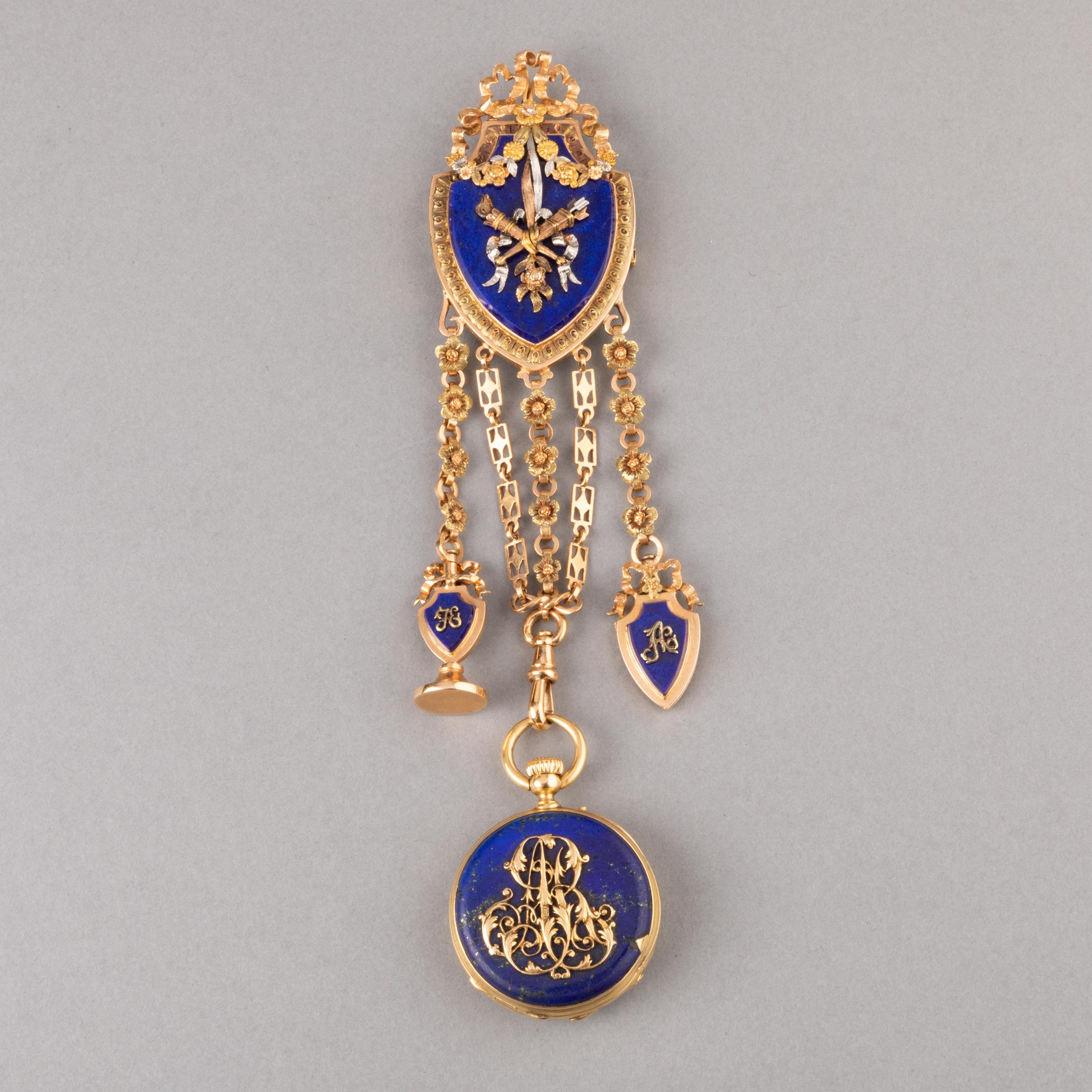 Gold and Lapis Lazuli Antique Châtelaine Watch by Le Roy & Fils Paris

Very beautiful Châtelaine, made by French maker Le Roy & Fils circa 1850, Napoleon III era.
The house was created in 1785, it became Leroy & Fils in 1828 until 1889, after that