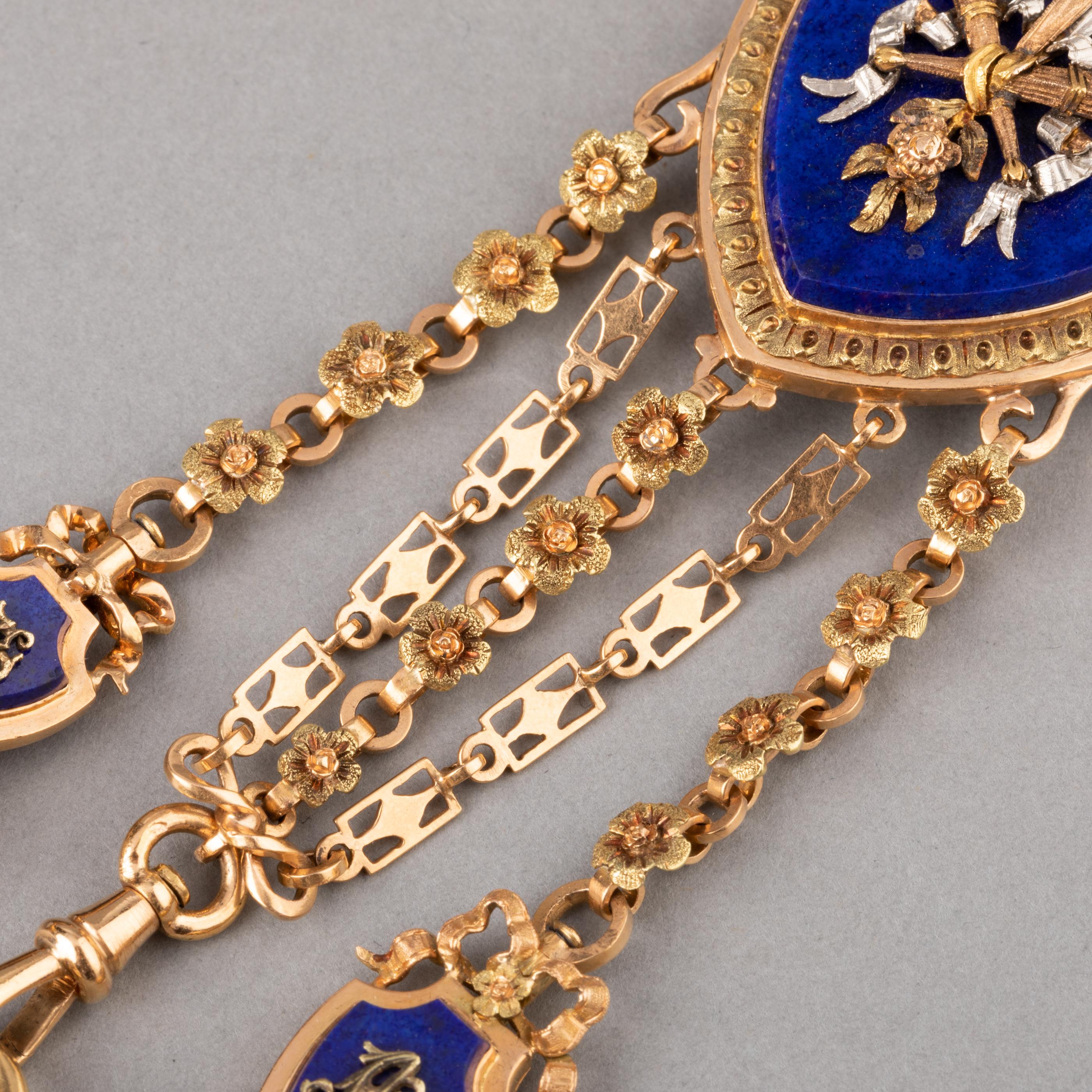 Women's or Men's Gold and Lapis Lazuli Antique Châtelaine Brooch by Le Roy & Fils Paris