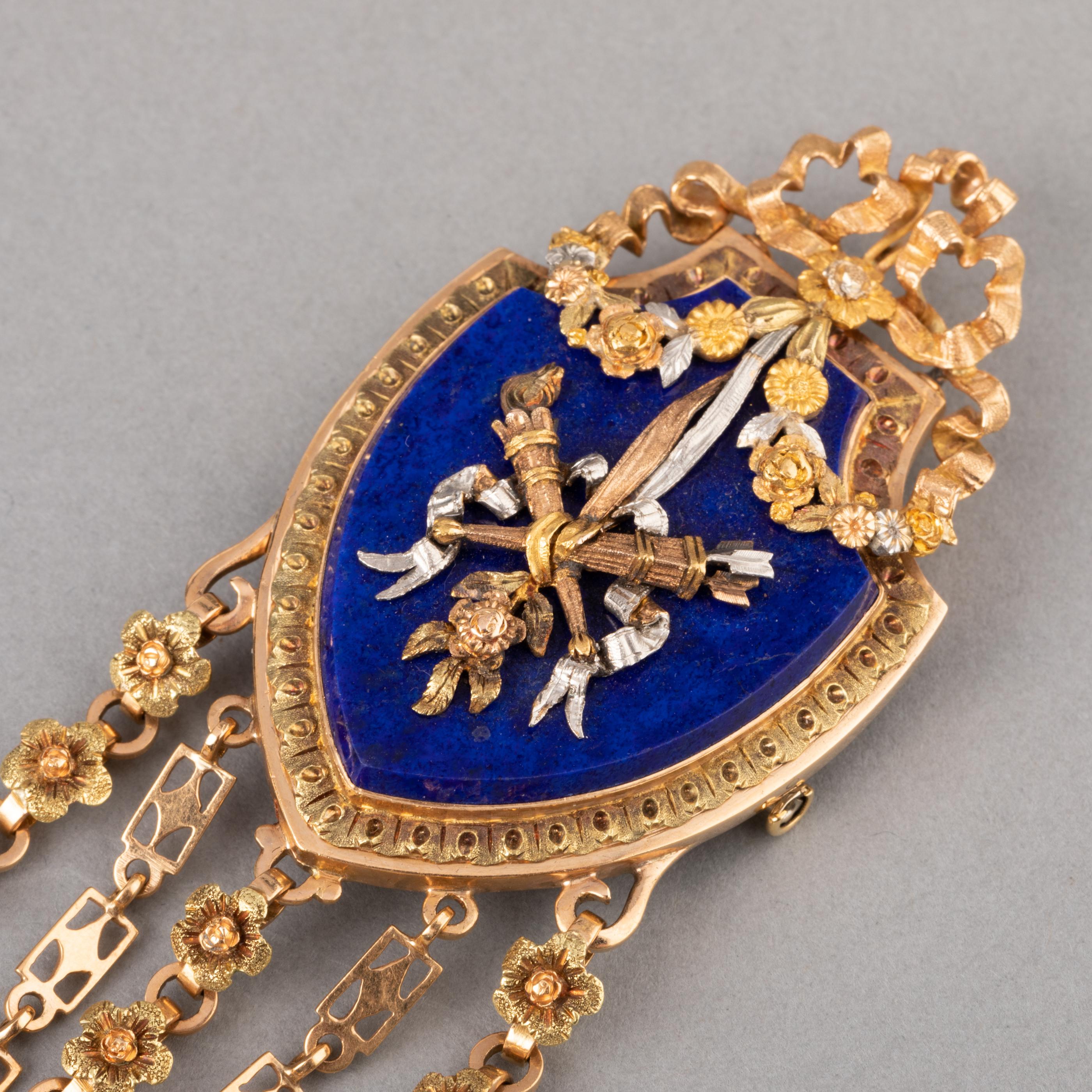 Gold and Lapis Lazuli Antique Châtelaine Brooch by Le Roy & Fils Paris 1