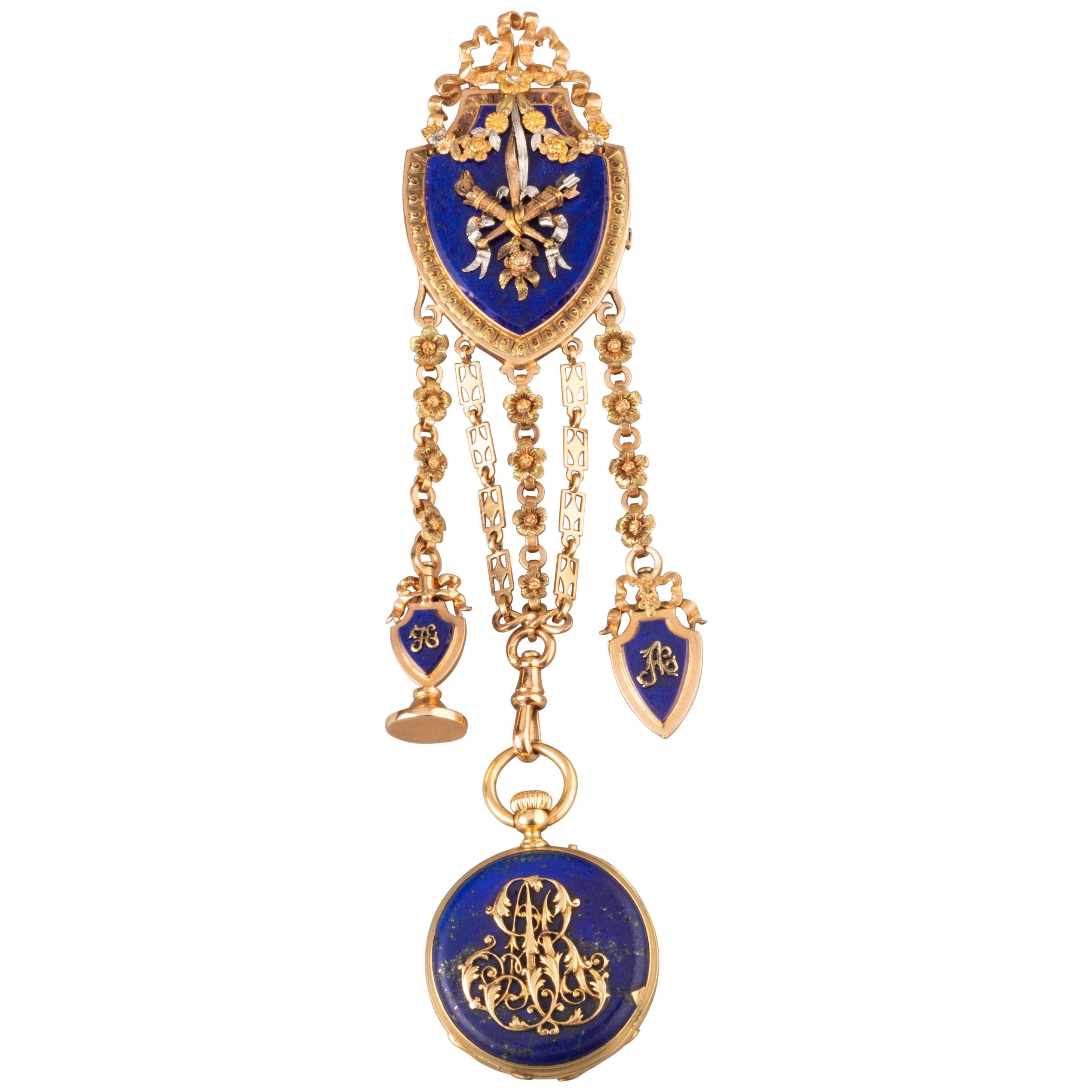 Gold and Lapis Lazuli Antique Châtelaine Brooch by Le Roy & Fils Paris