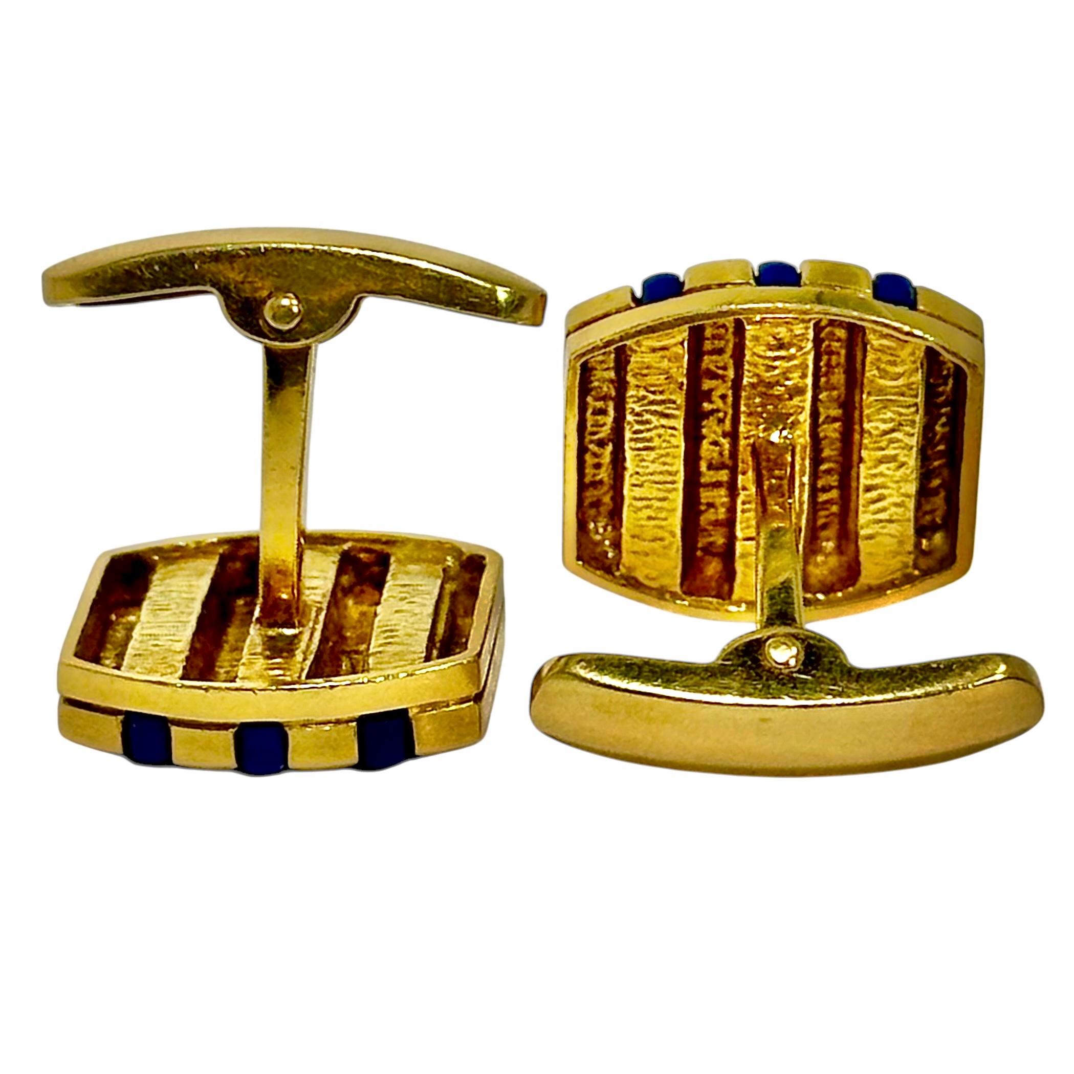 Modern Tailored 18K Yellow Gold Cufflinks With Lapis Lazuli Stripes by A.B.L. For Sale