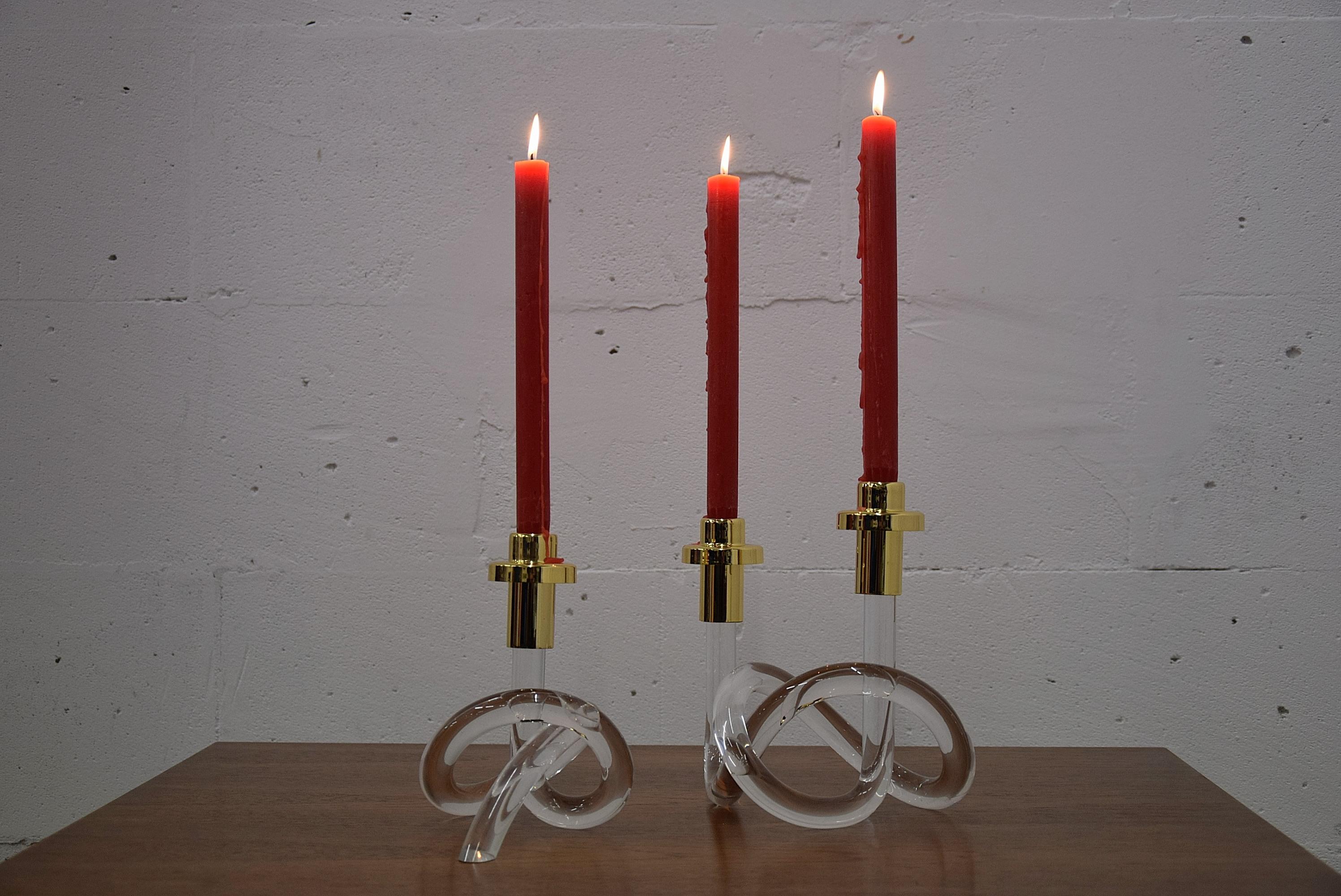 Plated Gold and Lucite Candlestick Holders by Dorothy Thorpe