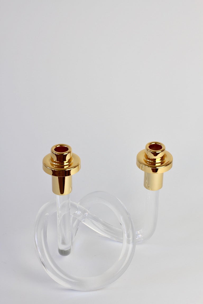 Gold and Lucite Twisted Pretzel Candlestick Holder/Candelabra by