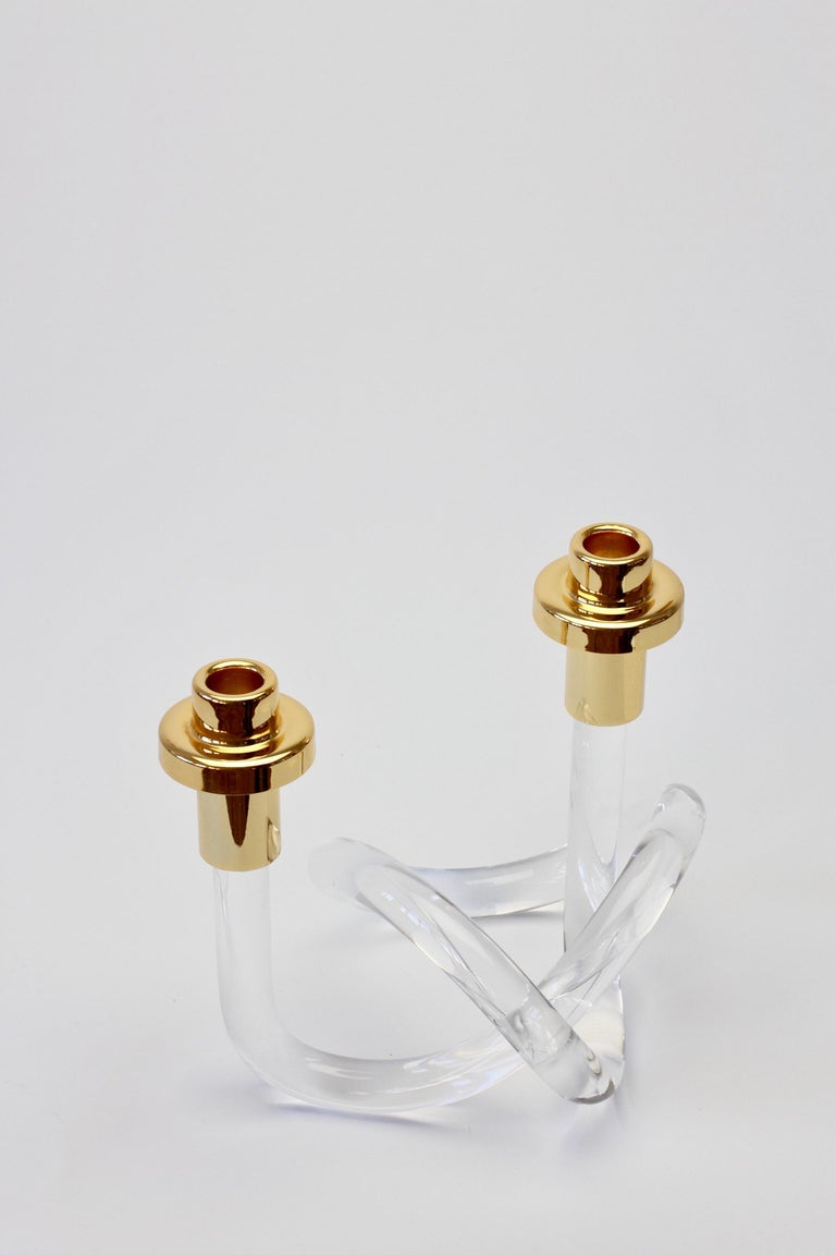 Gold and Lucite Twisted Pretzel Candlestick Holder/Candelabra by
