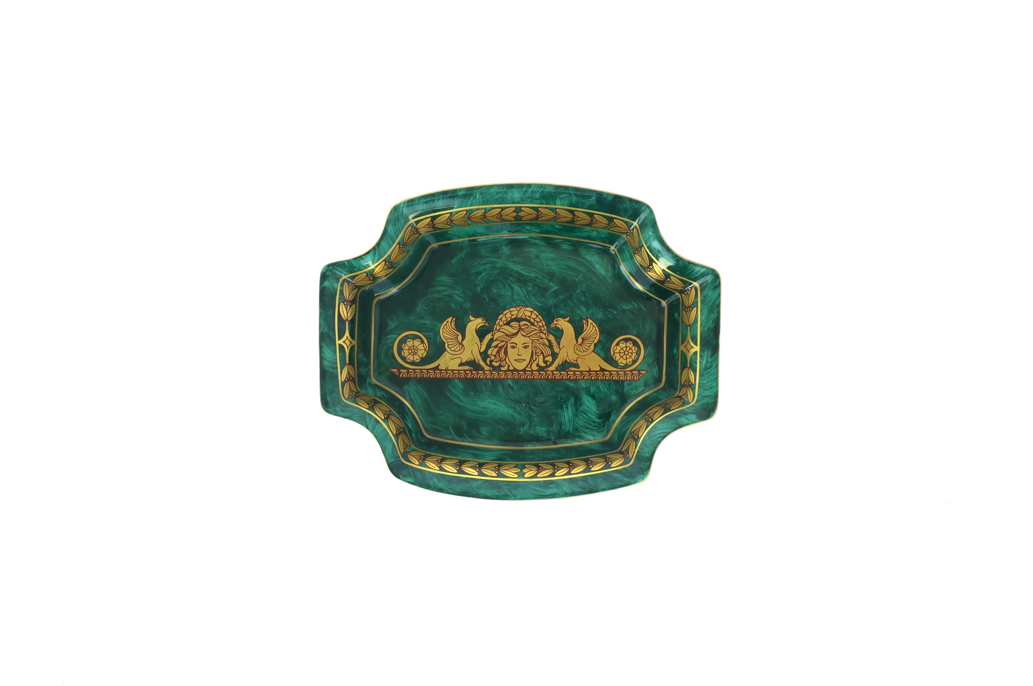 A beautiful and well-made hand painted porcelain jewelry dish, in the Empire style, circa mid to late-20th century, Hungary. This octagonal dish vide-poche catchall has a beautiful hand-painted green malachite design accompanied by gold gilt