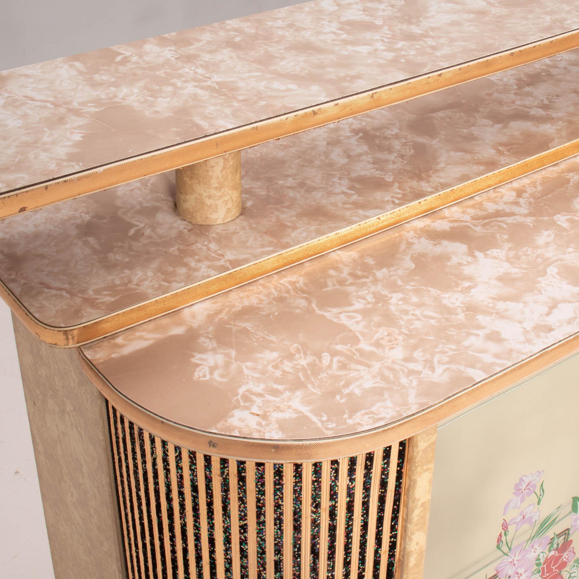 Mid-20th Century Gold and Marbled Effect Formica & Glass Bar Cabinet, 1960s
