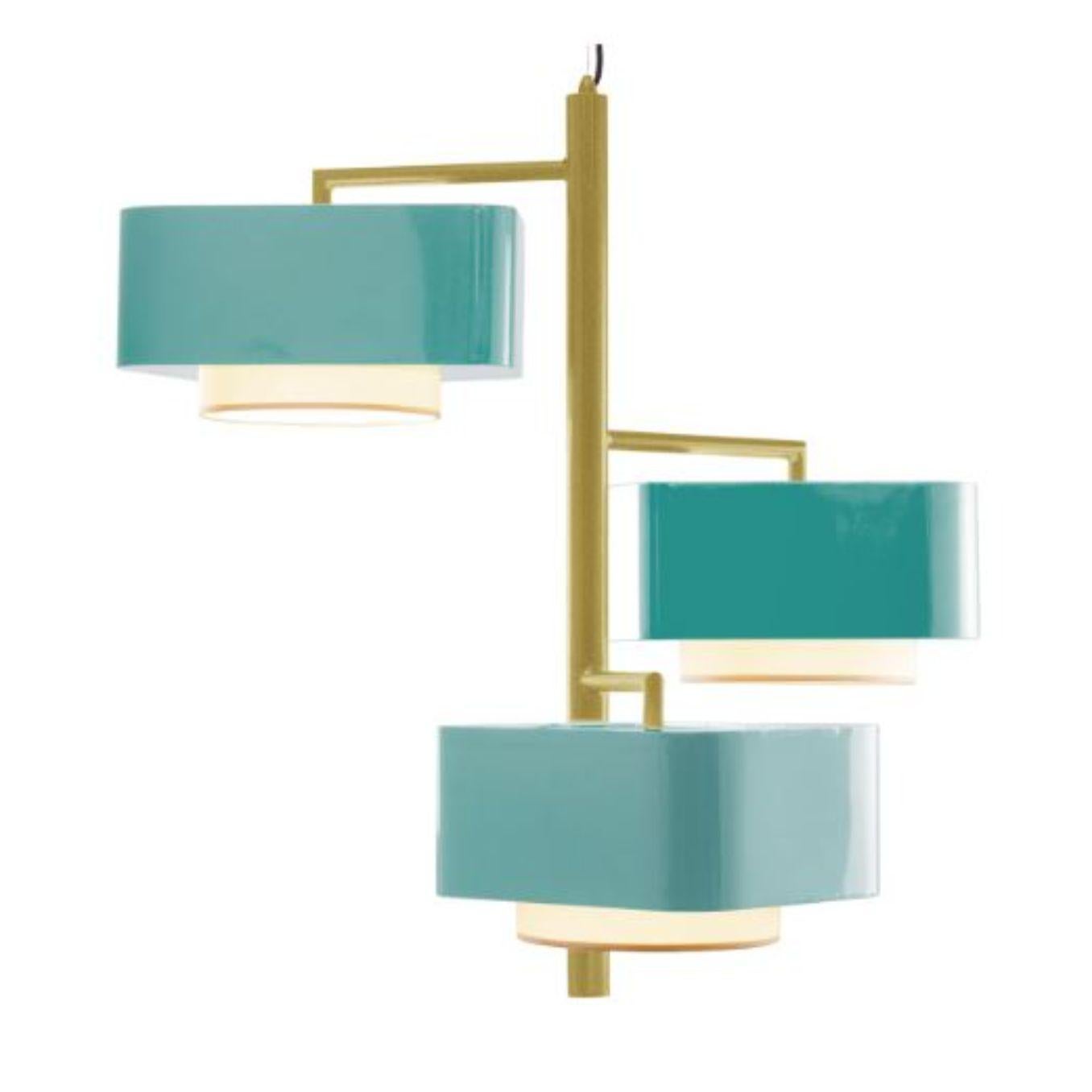 Gold and Mint Carousel I Suspension lamp by Dooq
Dimensions: W 97 x D 97 x H 86 cm
Materials: lacquered metal.
abat-jour: cotton
Also available in different colors.

Information:
230V/50Hz
E27/3x20W LED
120V/60Hz
E26/3x15W LED
bulbs not