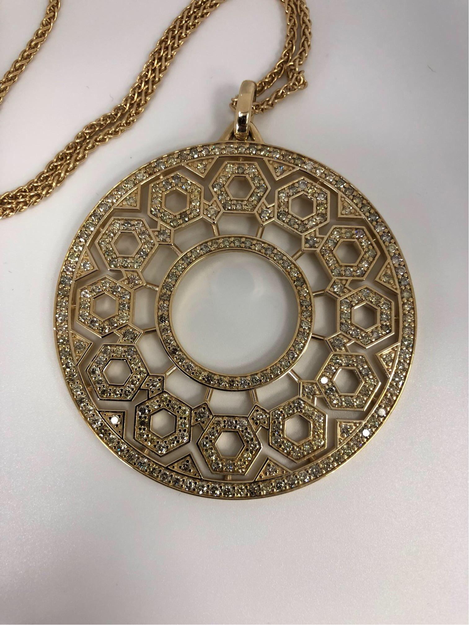 Modern Gold and Natural Colored Diamond Circular Geometric Pendant Extra Large Sized