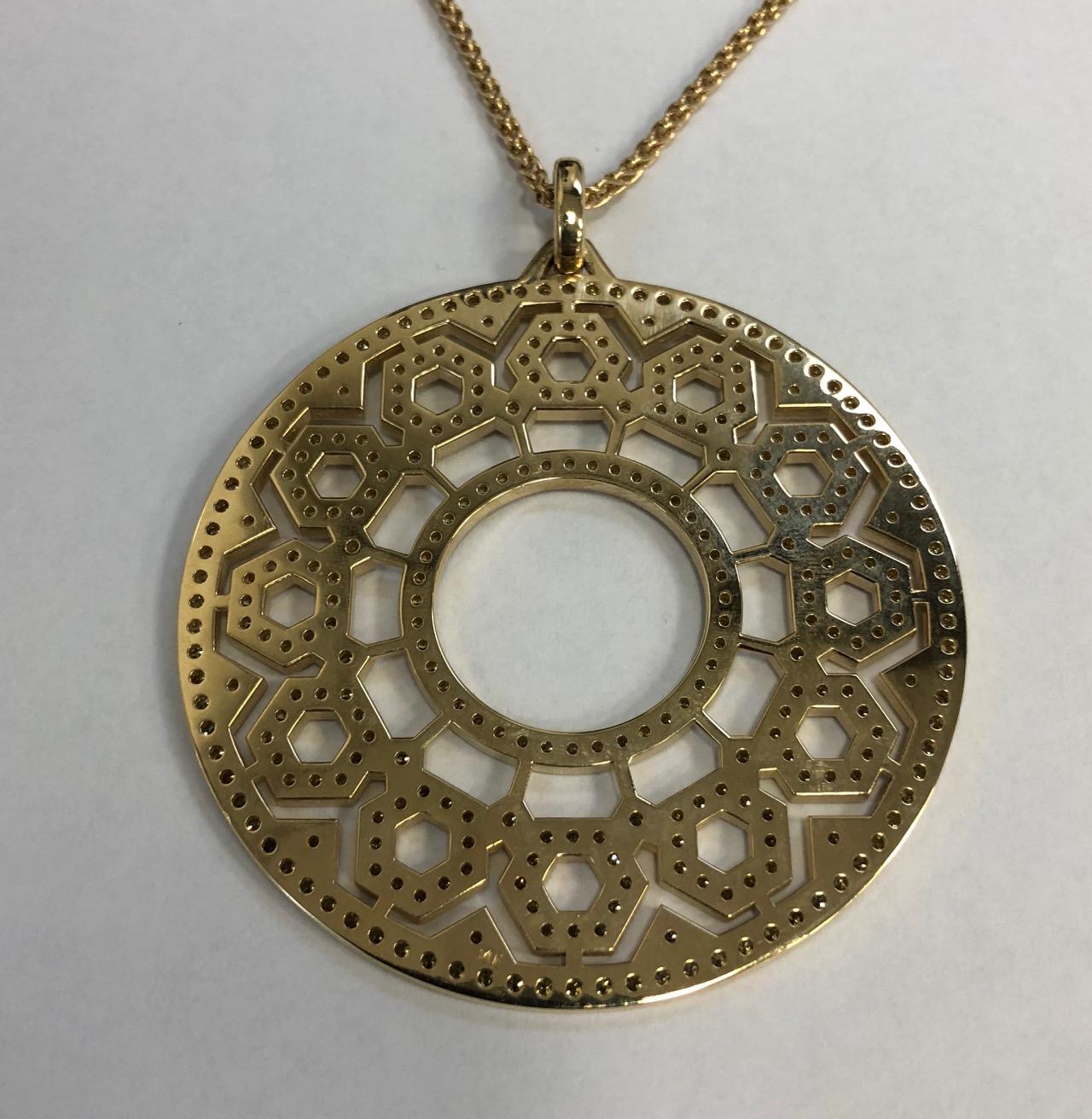 Round Cut Gold and Natural Colored Diamond Circular Geometric Pendant Extra Large Sized
