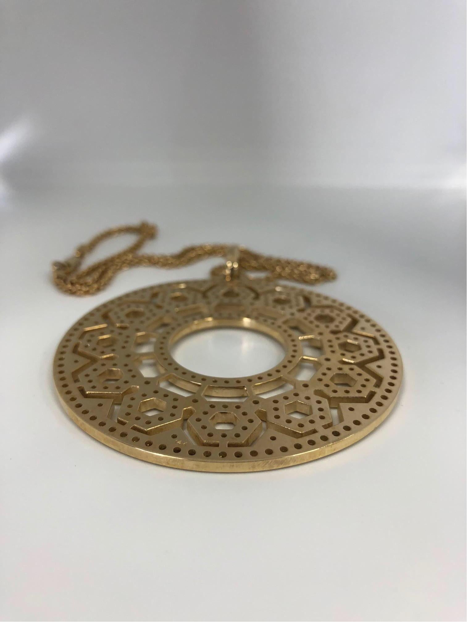 Gold and Natural Colored Diamond Circular Geometric Pendant Extra Large Sized 1