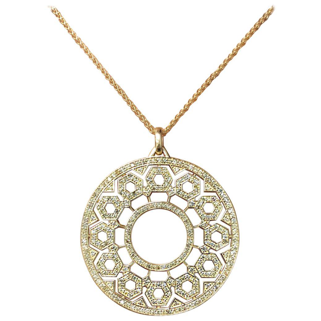 Gold and Natural Colored Diamond Circular Geometric Pendant Extra Large Sized