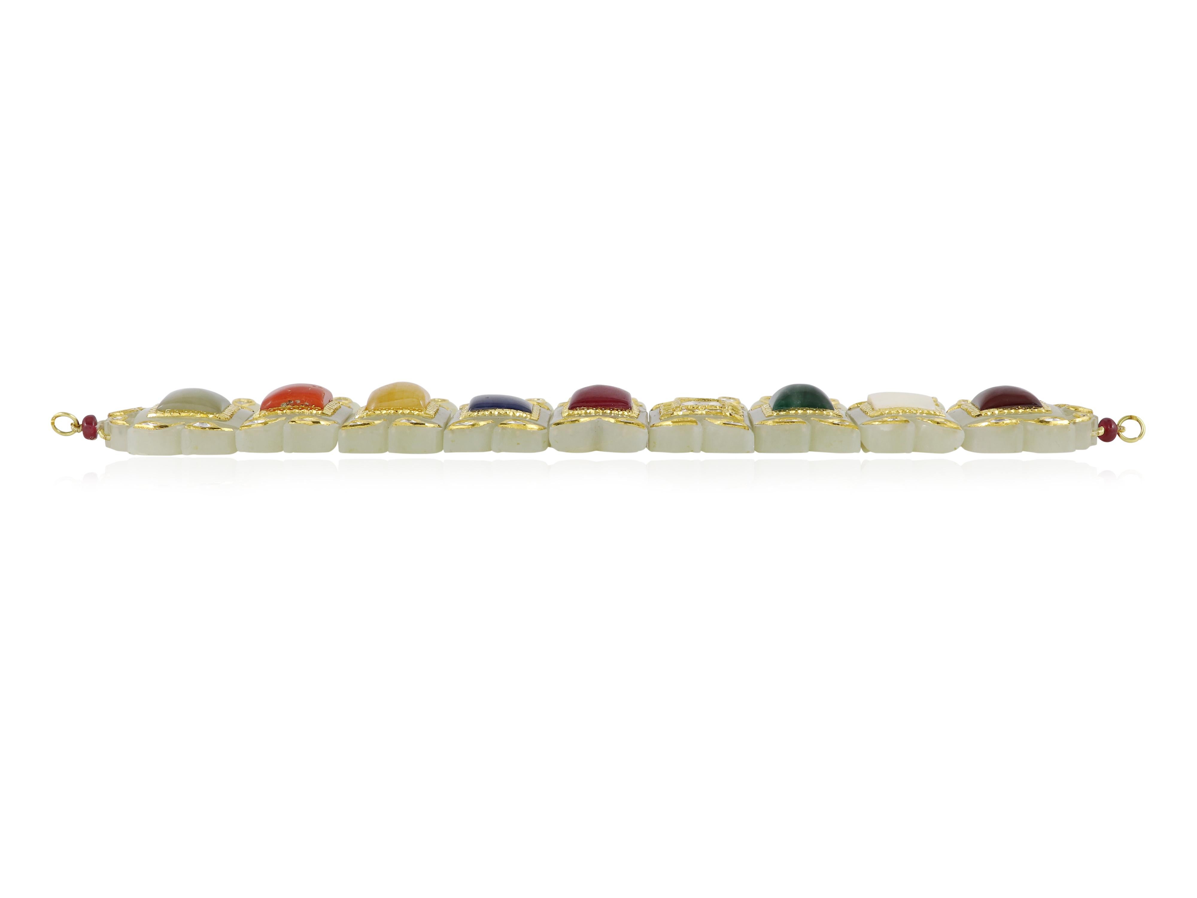 Gold and Nine Gem set Carved Jade Navratna Maharaj choker necklace For Sale 5
