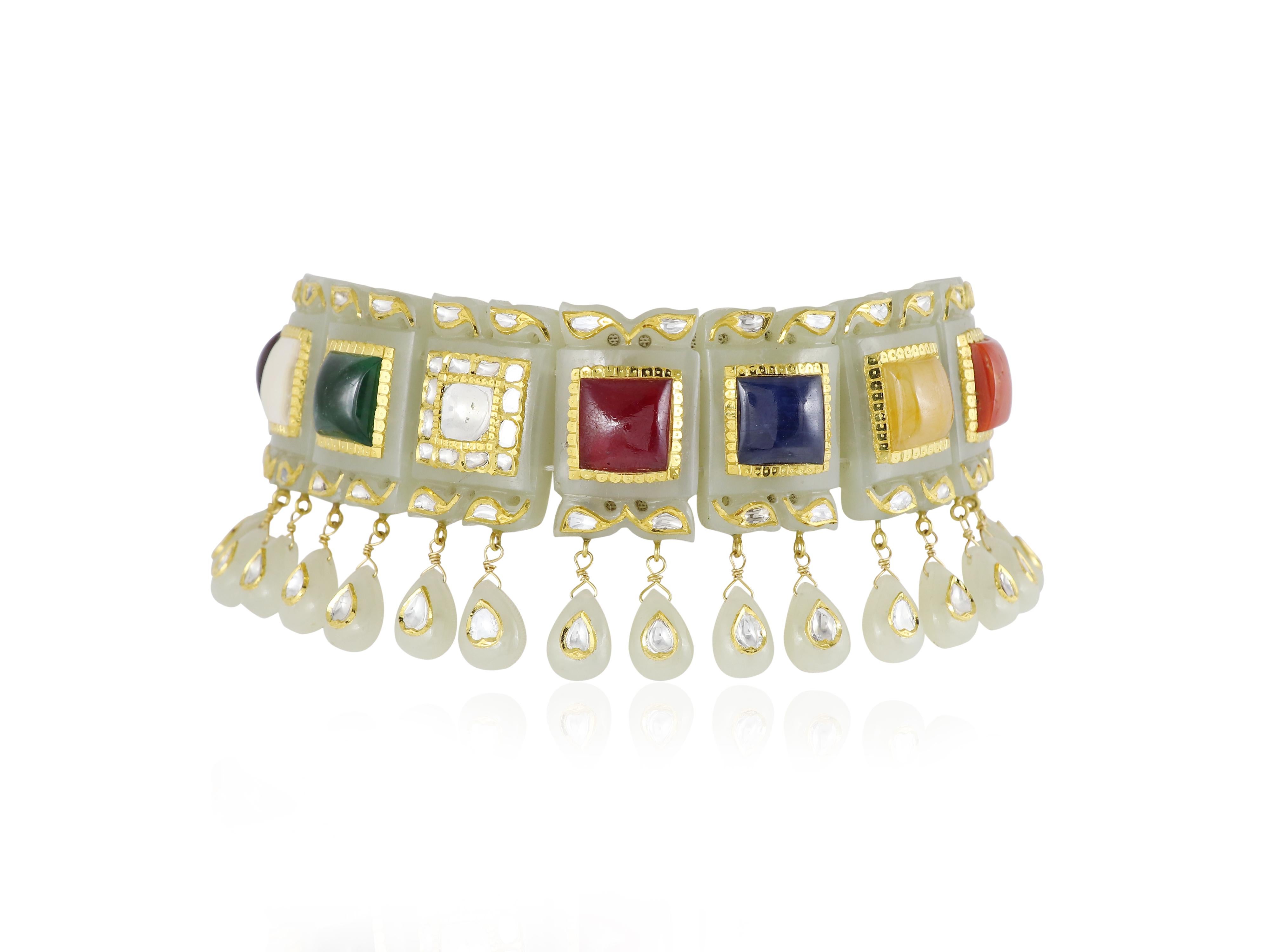 Cabochon Gold and Nine Gem set Carved Jade Navratna Maharaj choker necklace For Sale