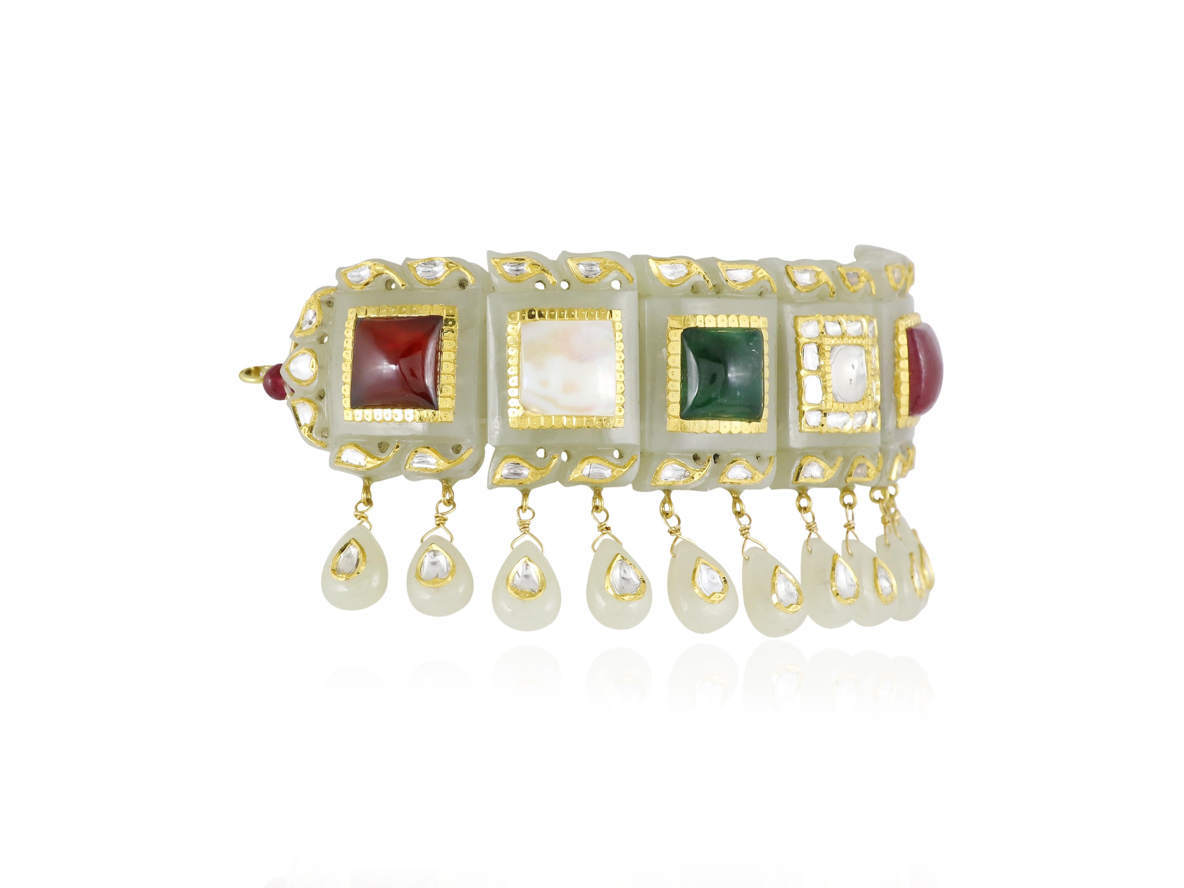 Women's or Men's Gold and Nine Gem set Carved Jade Navratna Maharaj choker necklace For Sale