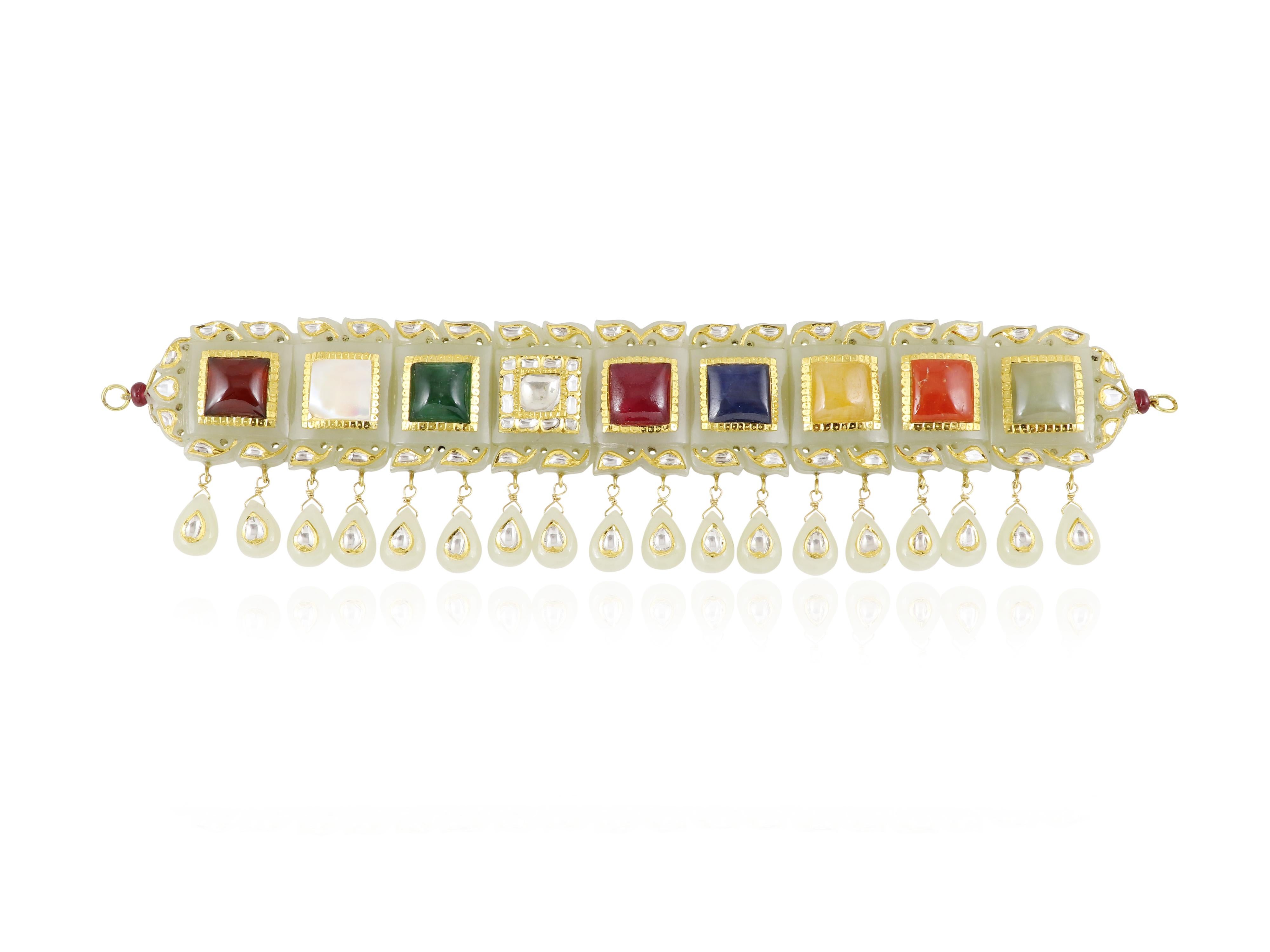 Gold and Nine Gem set Carved Jade Navratna Maharaj choker necklace For Sale 1