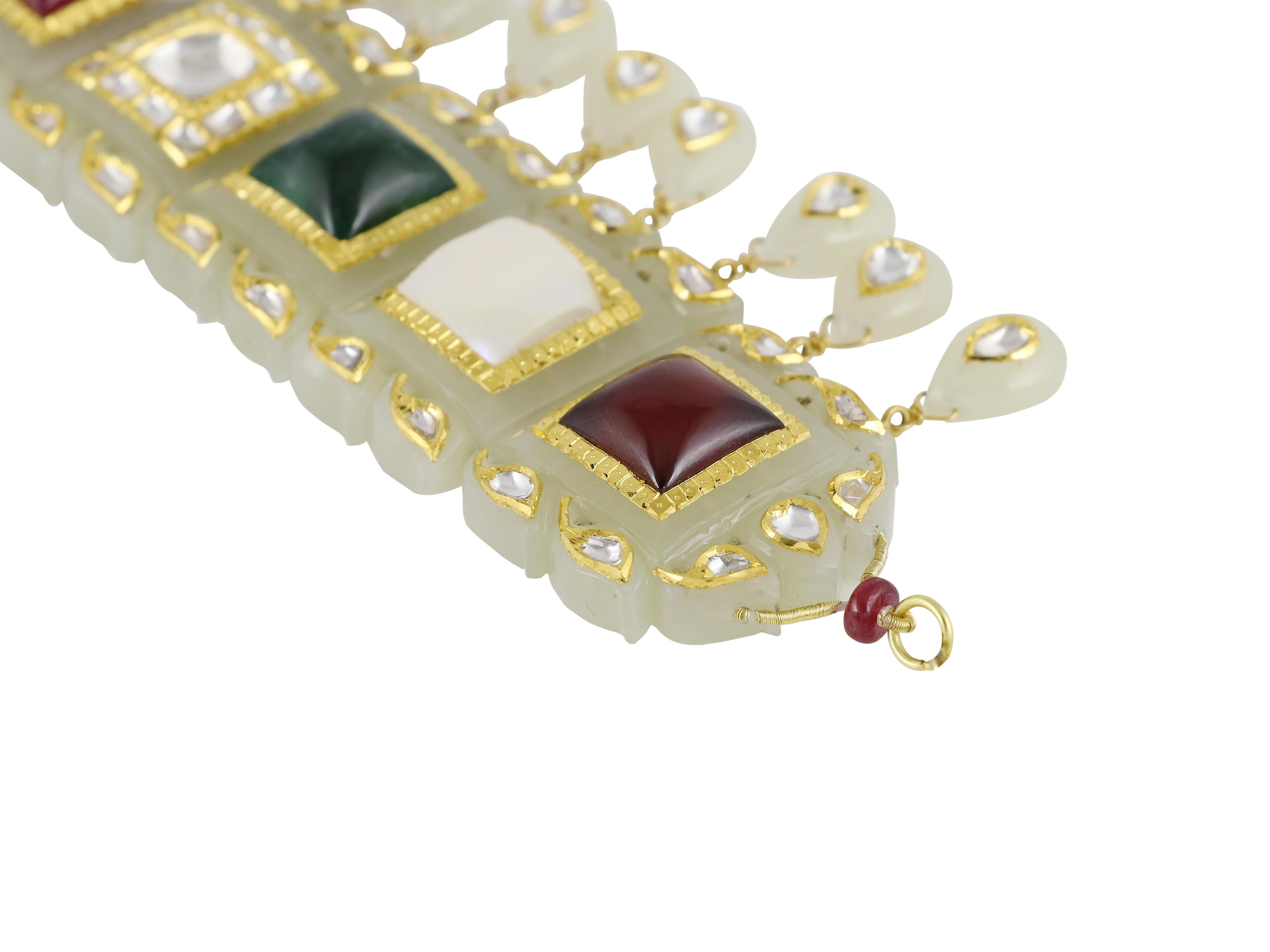 Gold and Nine Gem set Carved Jade Navratna Maharaj choker necklace For Sale 2