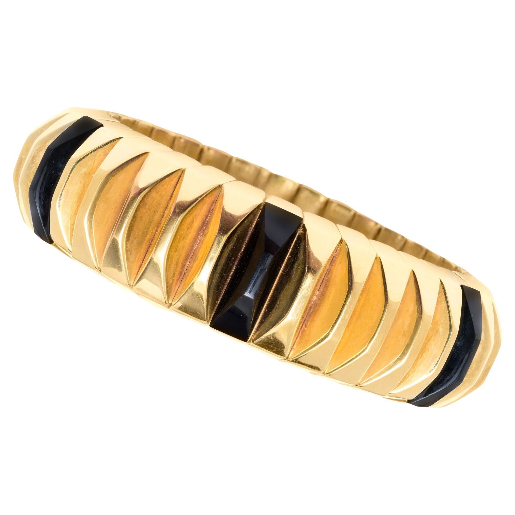 Gold and Onyx Ridged Bracelet For Sale