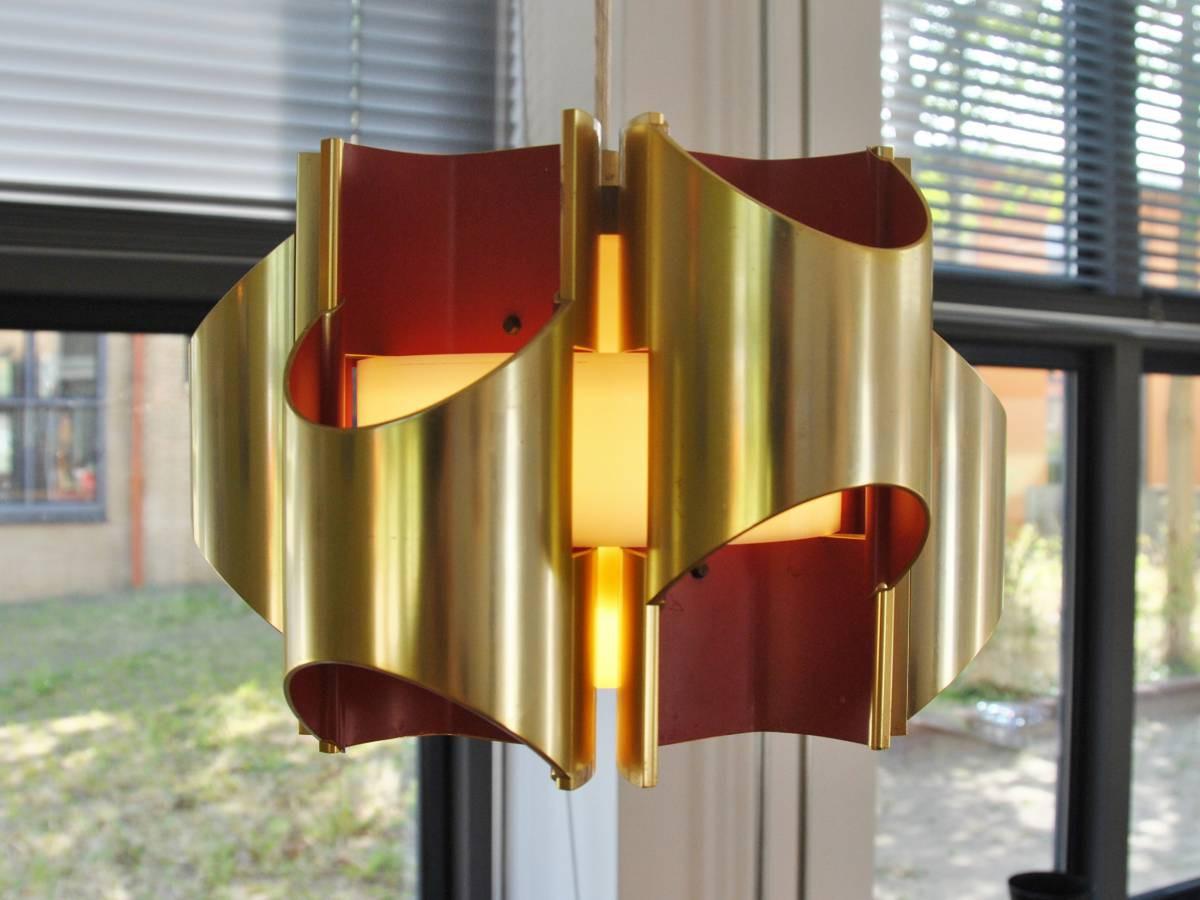 Metal Gold and orange colored pendant lampt by Bent Karlby for Lyfa, Denmark 1960's For Sale