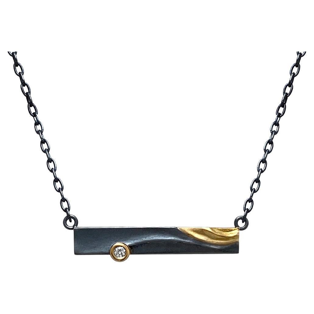 Gold and Oxidized Sterling Silver Zen Necklace with Diamond Accent from K.Mita For Sale