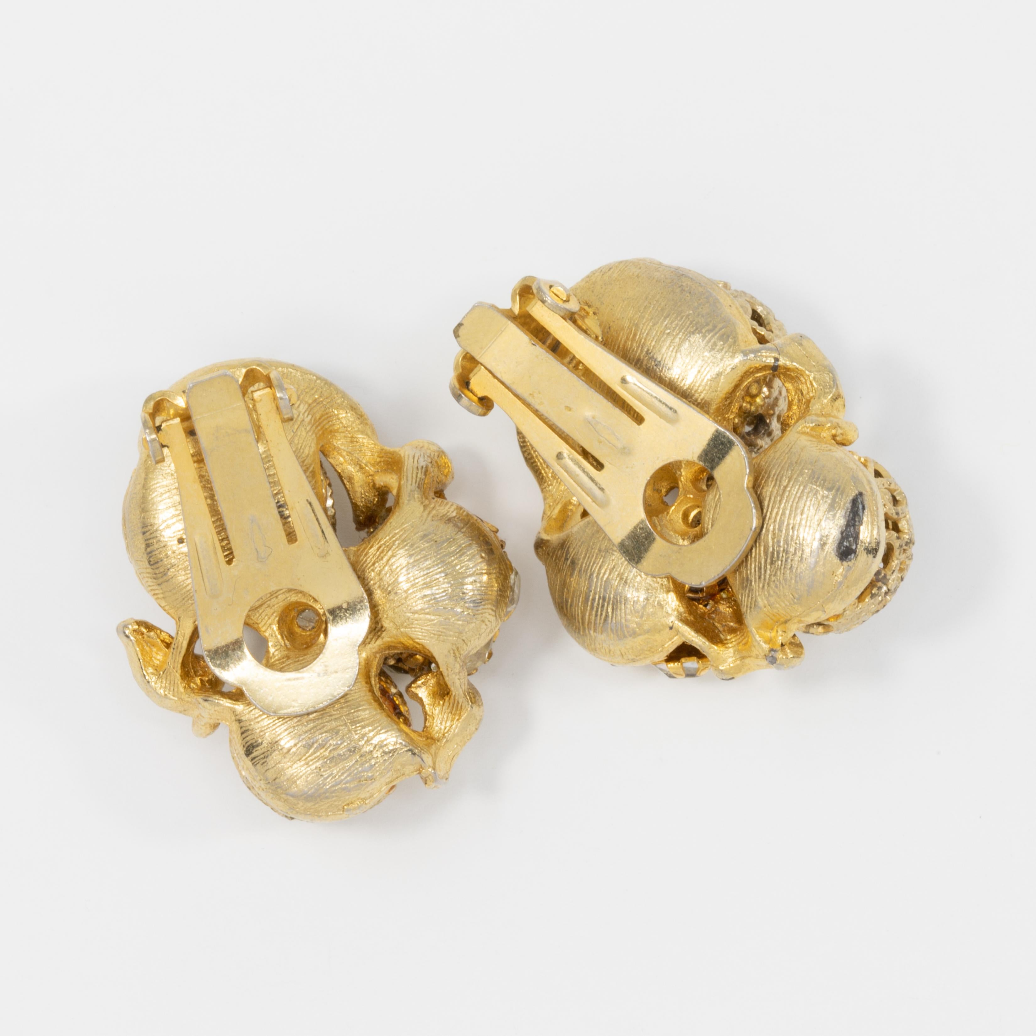 Women's or Men's Gold and Pave Crystal Ball Chunky Retro Clip on Earrings, Mid 1900s