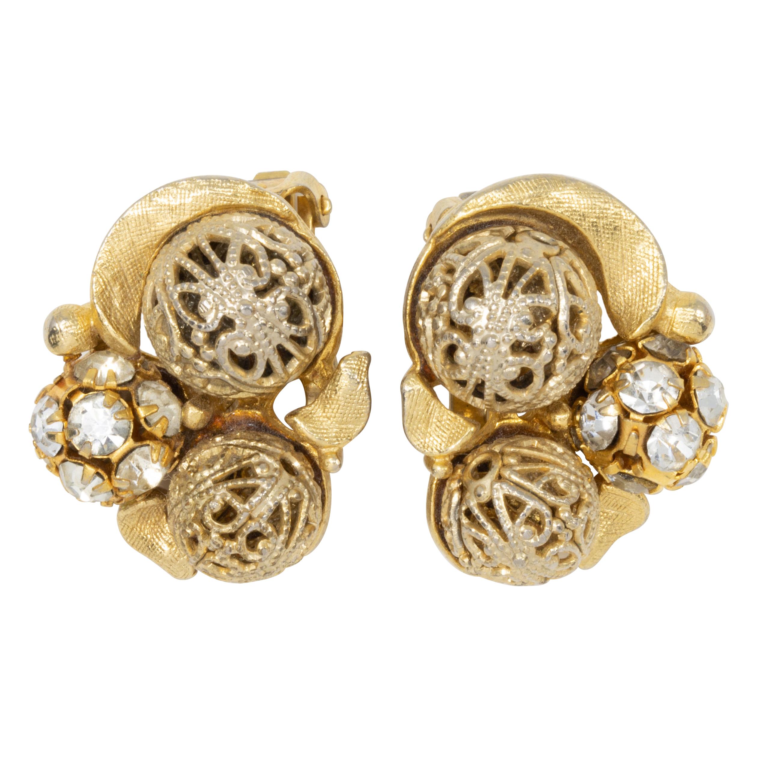 Gold and Pave Crystal Ball Chunky Retro Clip on Earrings, Mid 1900s