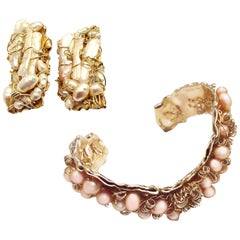 Gold and Peach Freshwater Pearl Bangle Bracelet and Earclips